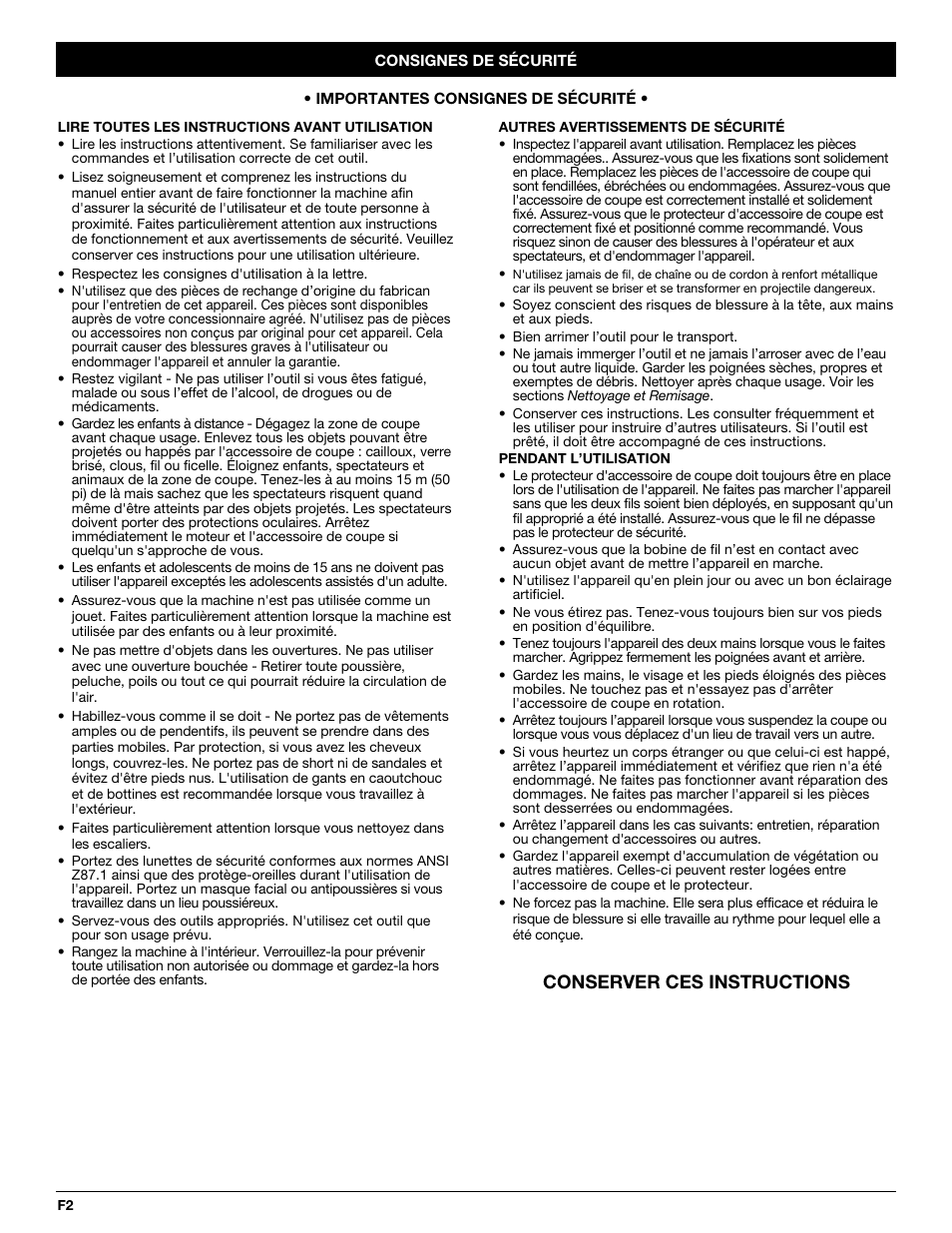 Conserver ces instructions | Troy-Bilt TBBT User Manual | Page 10 / 28