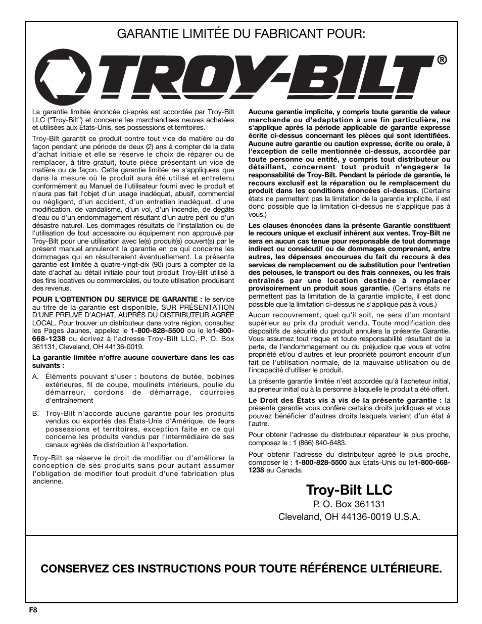 Troy-bilt llc, Garantie limitée du fabricant pour | Troy-Bilt TBBT User Manual | Page 16 / 28