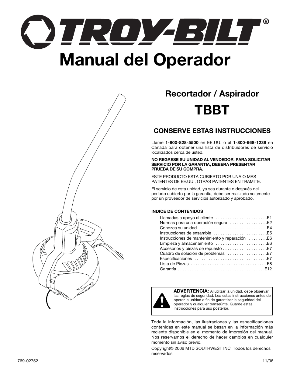 Manual del operador, Tbbt, Recortador / aspirador | Troy-Bilt TBBT User Manual | Page 17 / 28