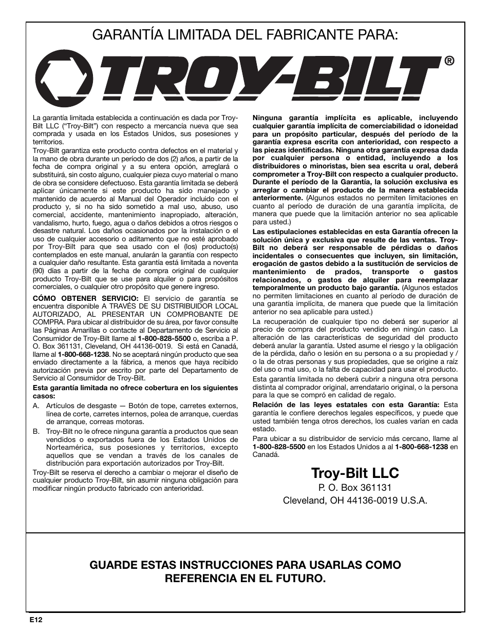 Garantía limitada del fabricante para, Troy-bilt llc | Troy-Bilt TBBT User Manual | Page 28 / 28