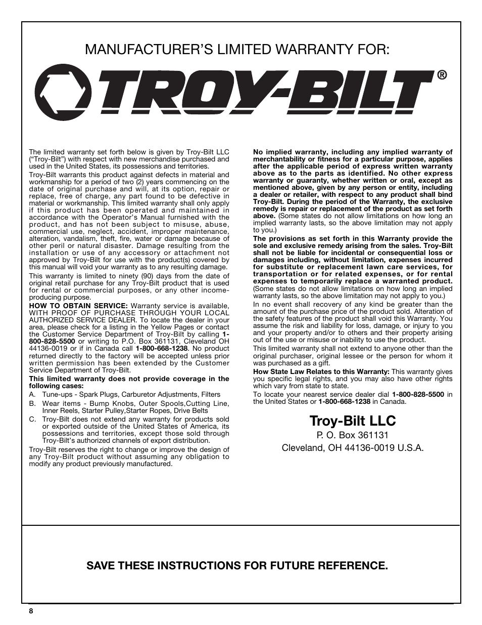 Manufacturer’s limited warranty for, Troy-bilt llc, Save these instructions for future reference | Troy-Bilt TBBT User Manual | Page 8 / 28