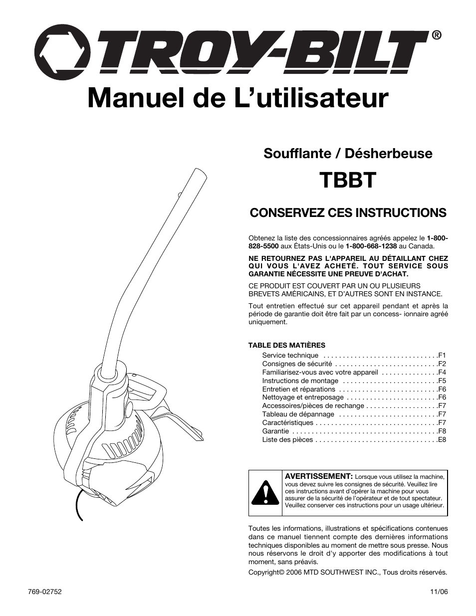 Manuel de l’utilisateur, Tbbt, Soufflante / désherbeuse | Conservez ces instructions | Troy-Bilt TBBT User Manual | Page 9 / 28