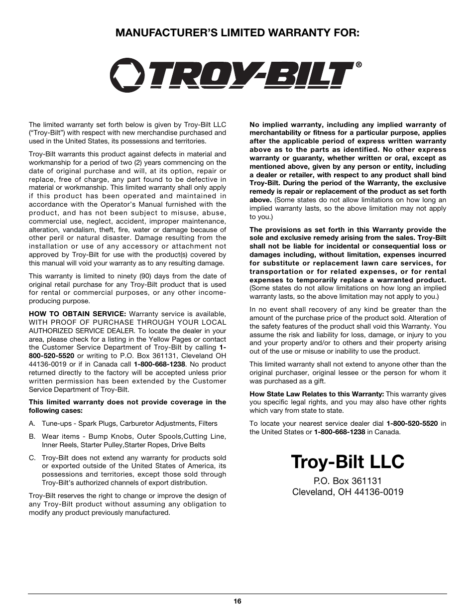 Troy-bilt llc, Manufacturer’s limited warranty for | Troy-Bilt TB26TB User Manual | Page 16 / 52