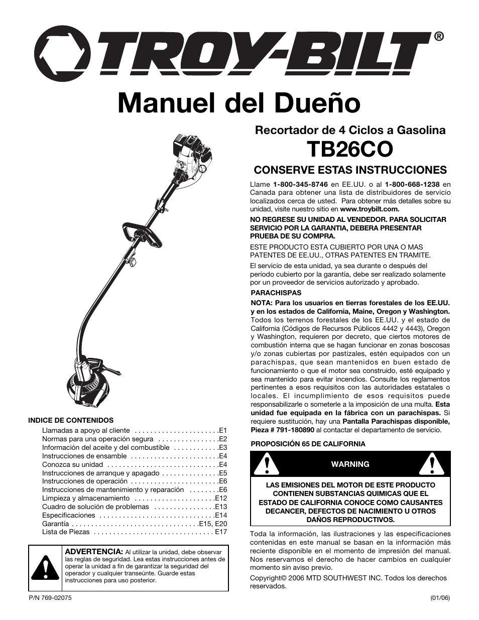 Manuel del dueño, Tb26co, Recortador de 4 ciclos a gasolina | Conserve estas instrucciones | Troy-Bilt TB26TB User Manual | Page 33 / 52