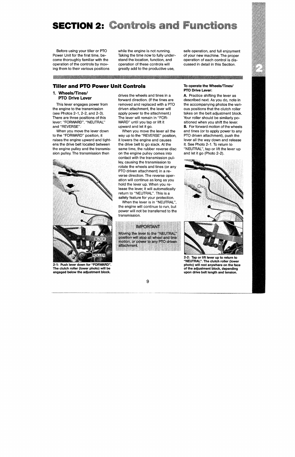 Section 2, Wheels/tines, Pto drive lever | Important, To operate the wheels/tines | Troy-Bilt 8 HP User Manual | Page 11 / 84