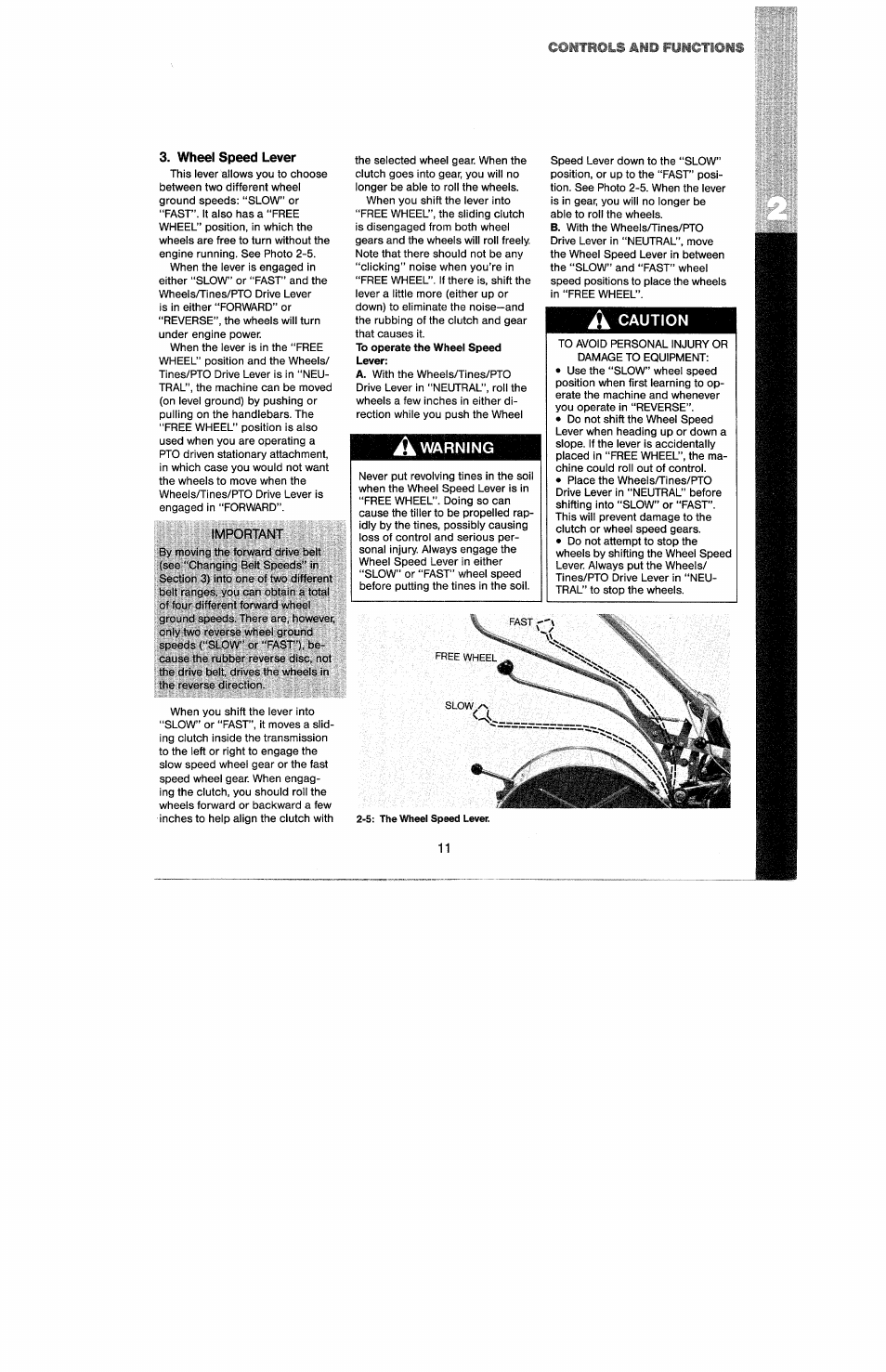 Wheel speed lever, Important, A warning | A caution, Controls, Fuuctions | Troy-Bilt 8 HP User Manual | Page 13 / 84