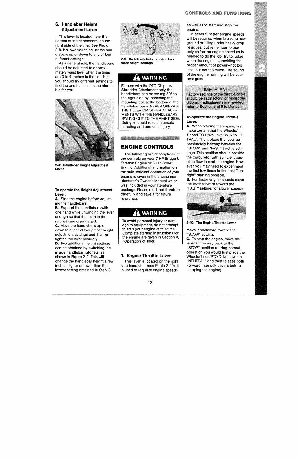Handlebar height adjustment lever, To operate the height adjustment lever, A warning | Engine controls, Engine throttle lever, Important, To operate the engine throttle lever, Engine, Fümctioms | Troy-Bilt 8 HP User Manual | Page 15 / 84