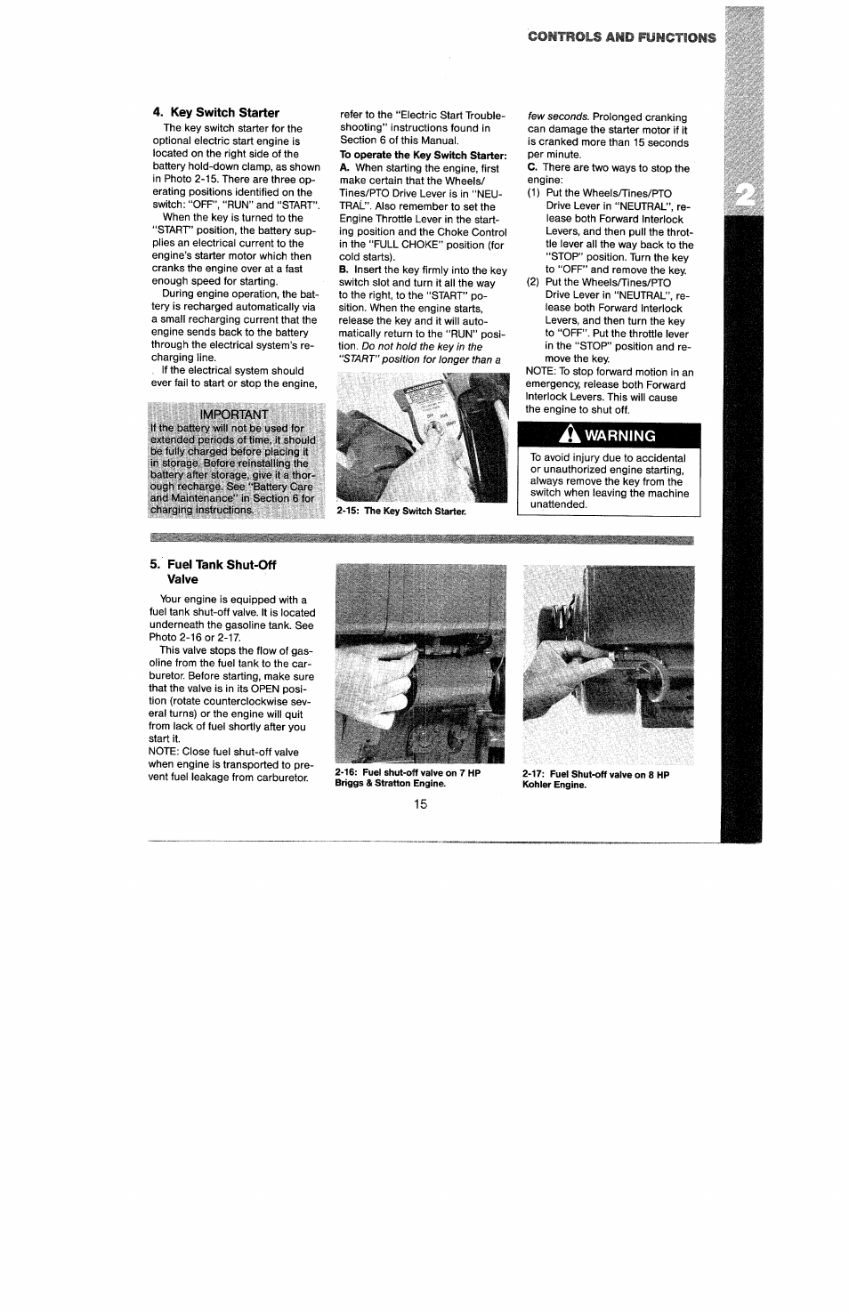 Controls and functions, Key switch starter, Important | A warning, Fuel tank shut-off valve | Troy-Bilt 8 HP User Manual | Page 17 / 84
