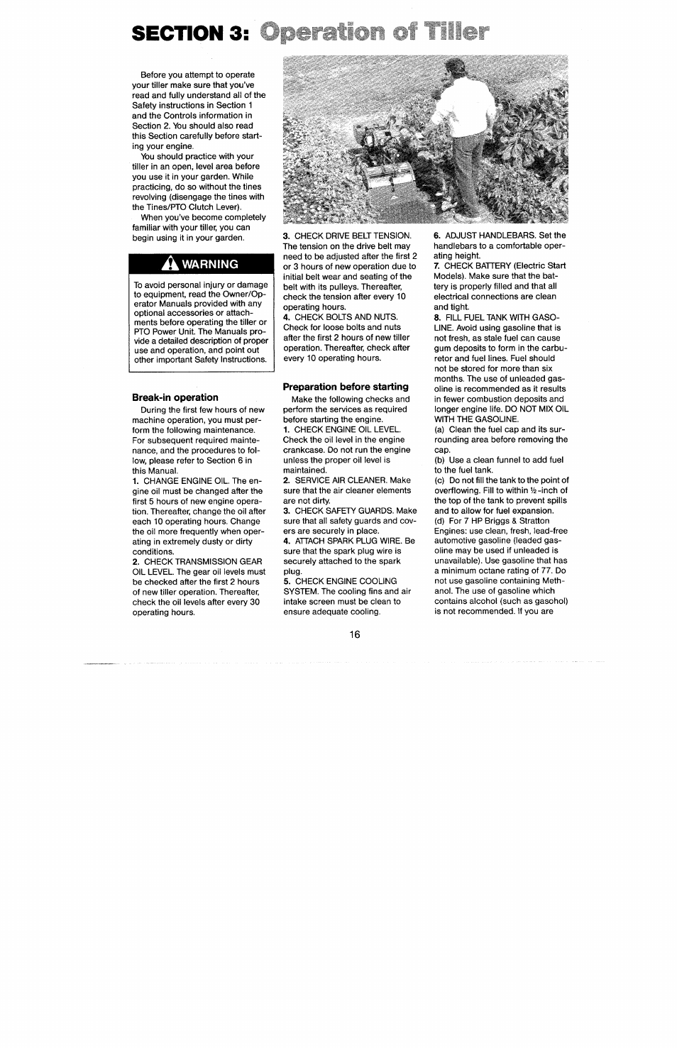 Section 3, A warning, Break-in operation | Preparation before starting | Troy-Bilt 8 HP User Manual | Page 18 / 84