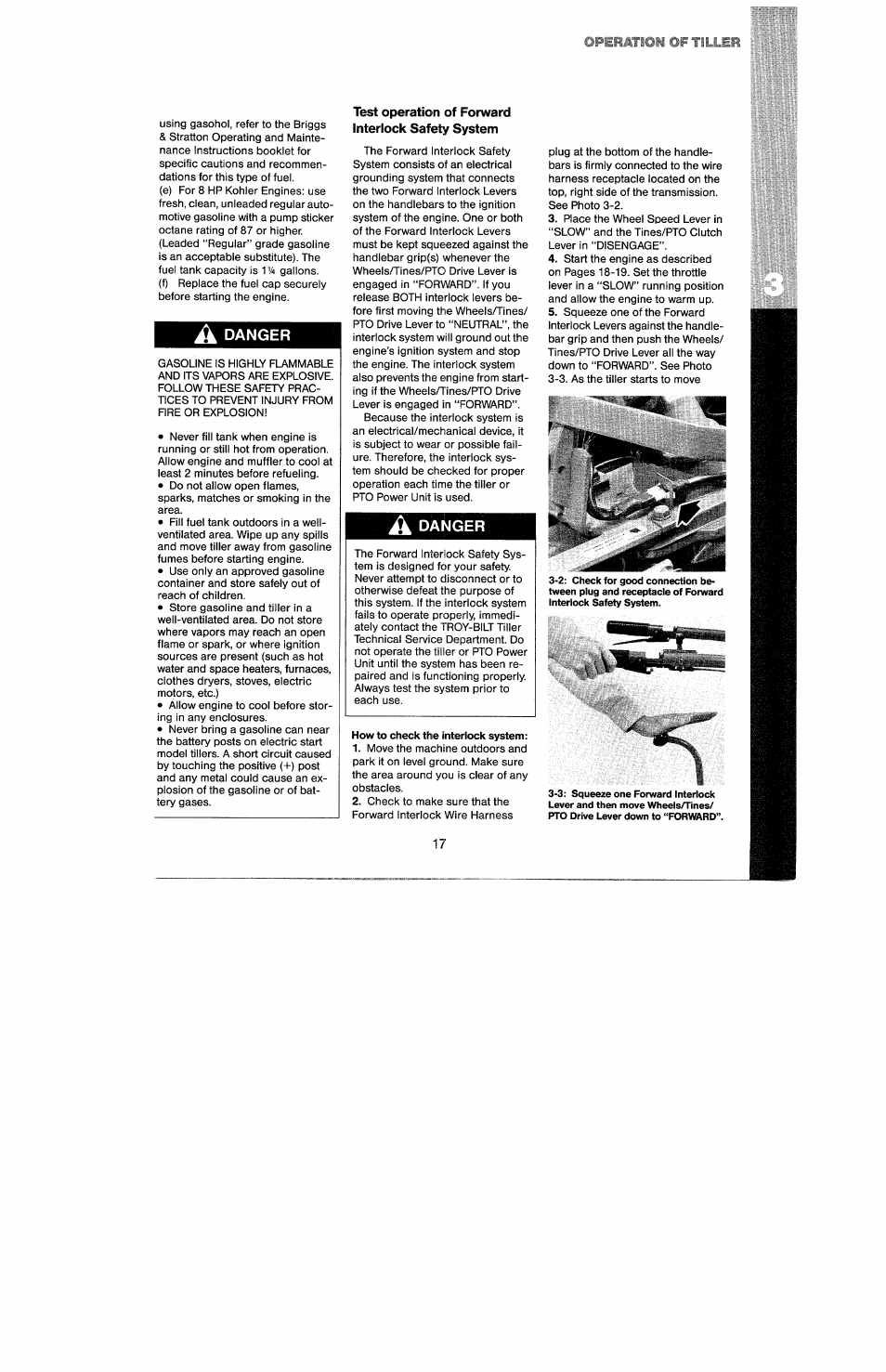 A danger, Test operation of forward interlock safety system, Danger | Troy-Bilt 8 HP User Manual | Page 19 / 84