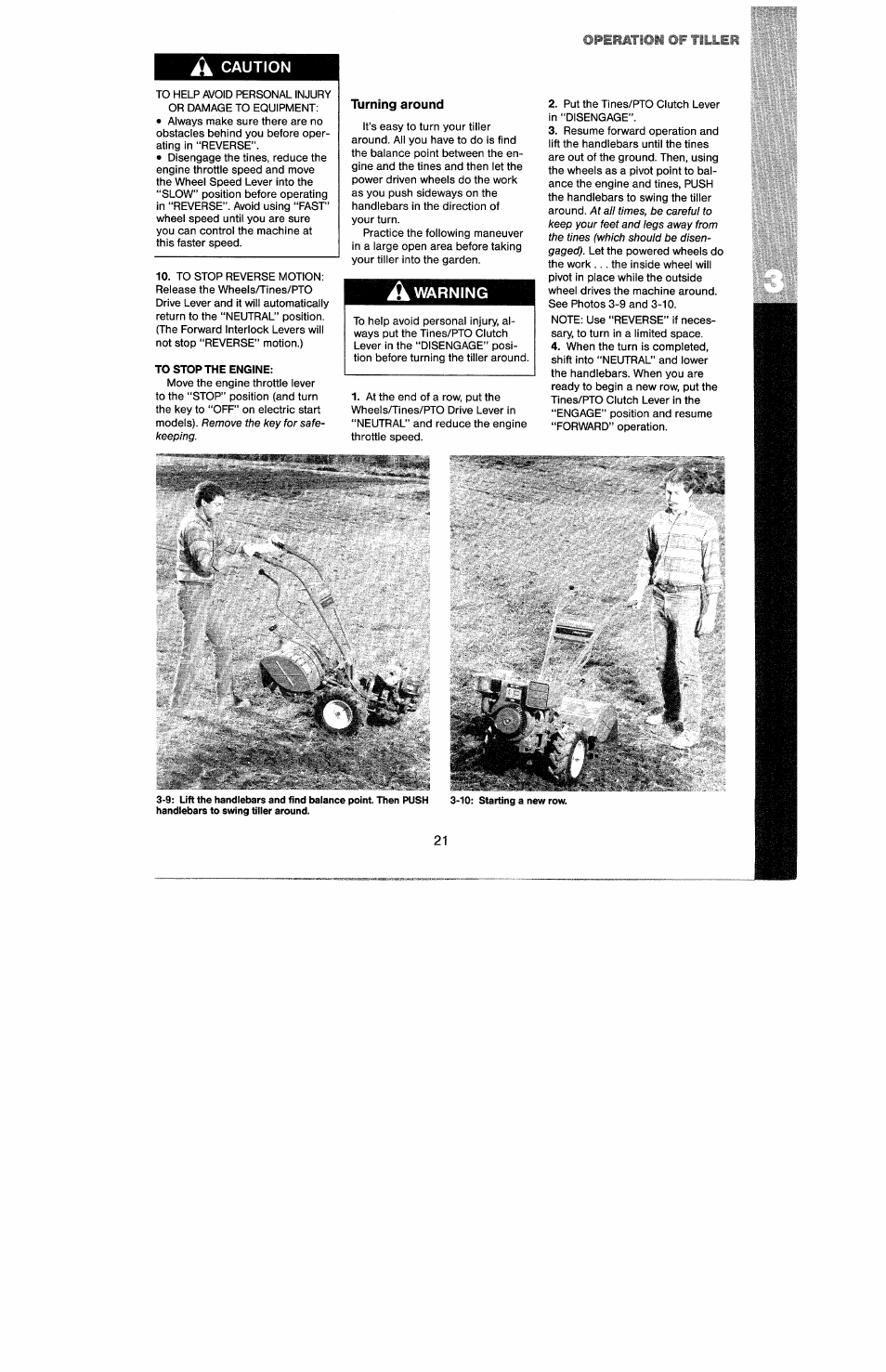 A caution, To stop the engine, Turning around | A warning | Troy-Bilt 8 HP User Manual | Page 23 / 84