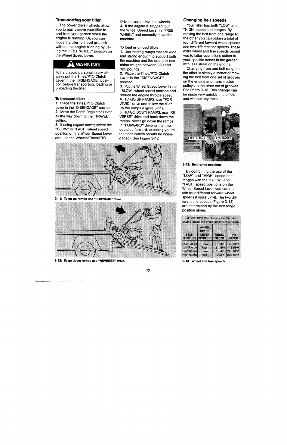 Transporting your tiller, A warning, To transport tiller | To load or unload tiller, Changing belt speeds | Troy-Bilt 8 HP User Manual | Page 24 / 84