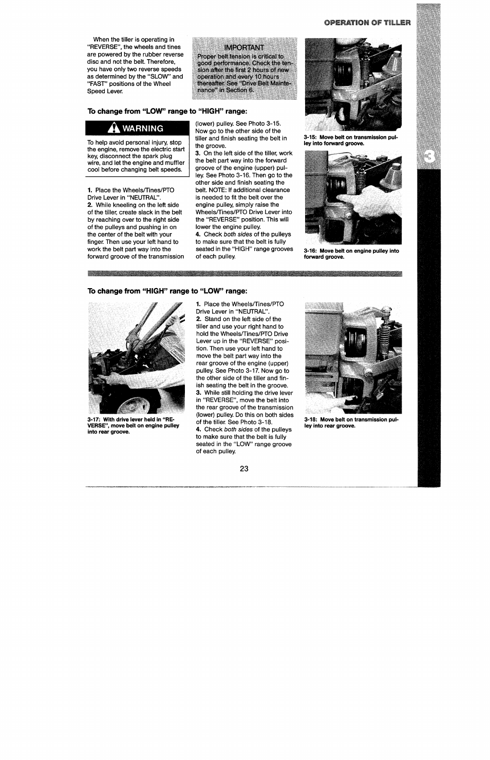 Important, A warning, To change from “high” range to “low” range | Troy-Bilt 8 HP User Manual | Page 25 / 84