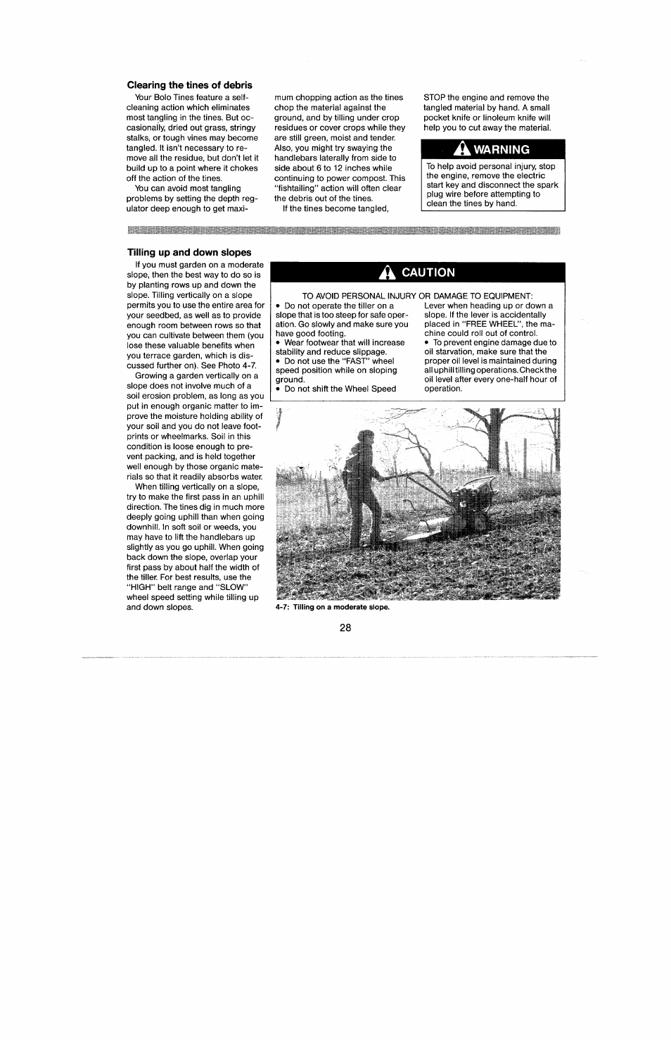 Clearing the tines of debris, A warning, Tilling up and down slopes | Troy-Bilt 8 HP User Manual | Page 30 / 84