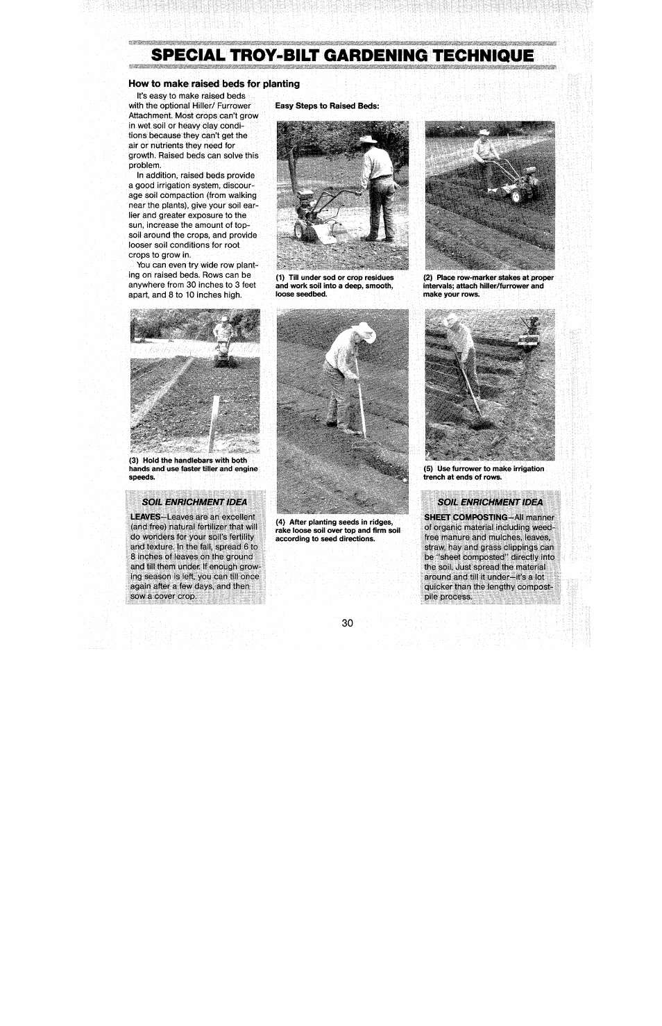 How to make raised beds for planting, Special troy-bilt gardening technique | Troy-Bilt 8 HP User Manual | Page 32 / 84