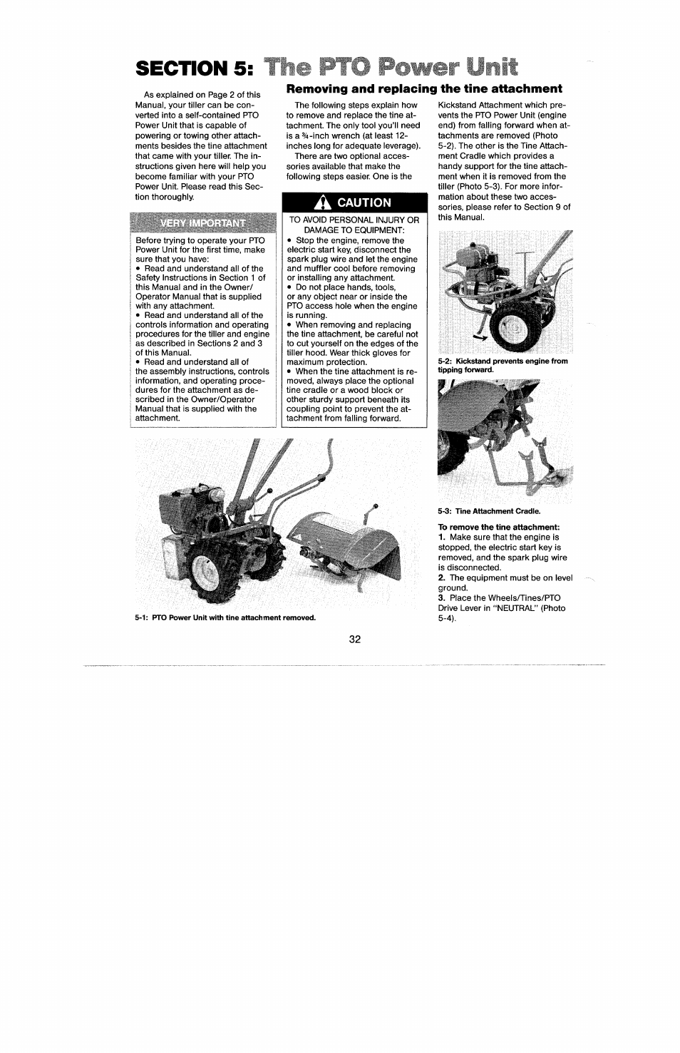 Section 5, A caution, To remove the tine attachment | Troy-Bilt 8 HP User Manual | Page 34 / 84