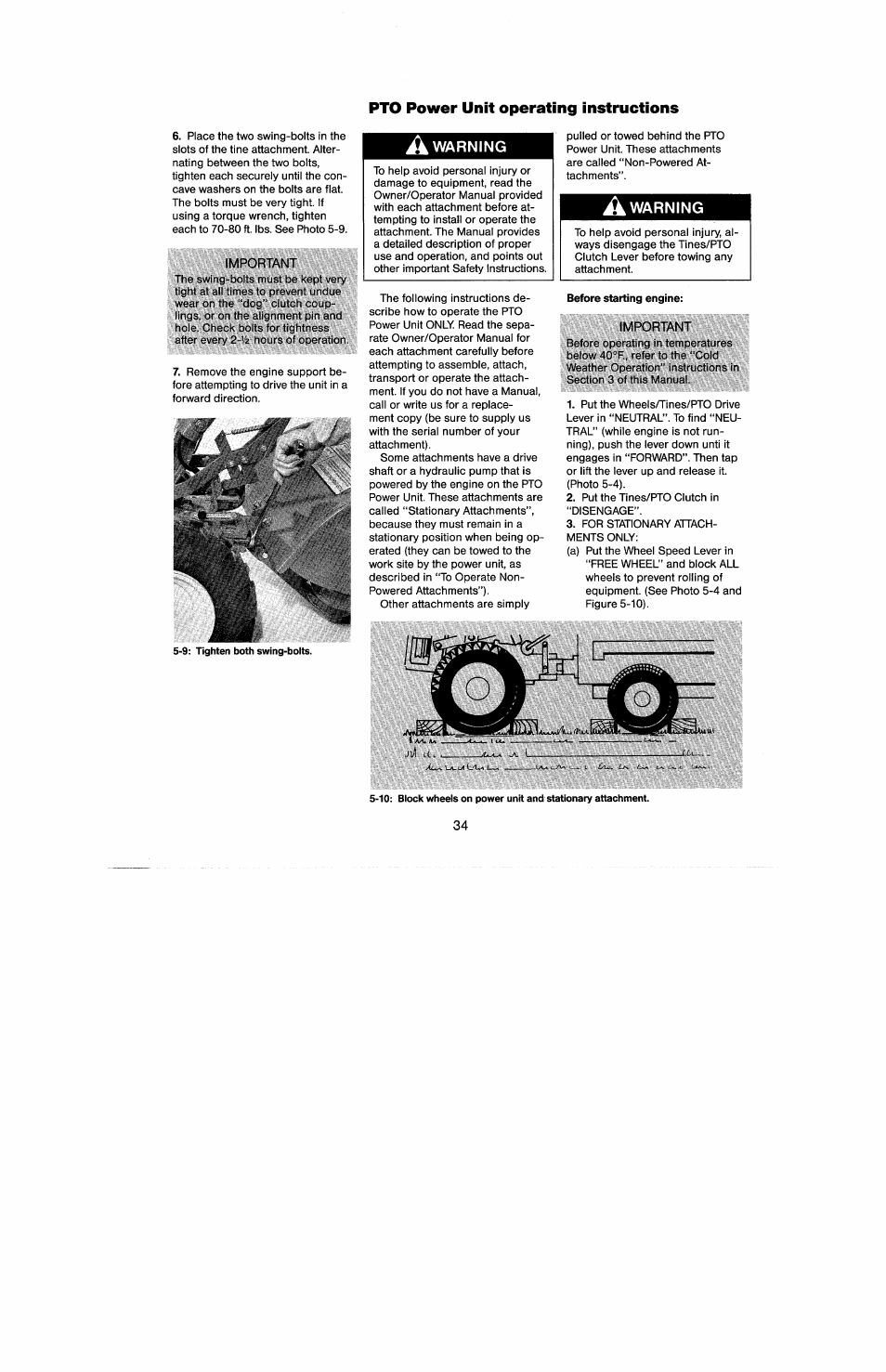 Pto power unit operating instructions, Important, A warning | Before starting engine | Troy-Bilt 8 HP User Manual | Page 36 / 84