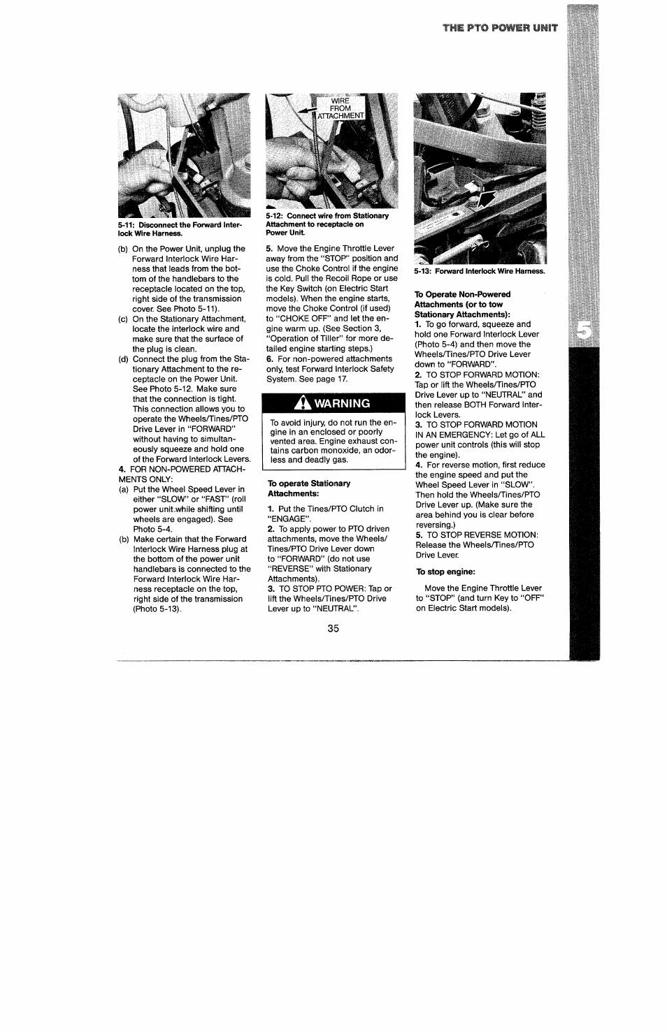 The ptq power unit, A warning, To operate stationary attachments | To stop engine, The ptq | Troy-Bilt 8 HP User Manual | Page 37 / 84