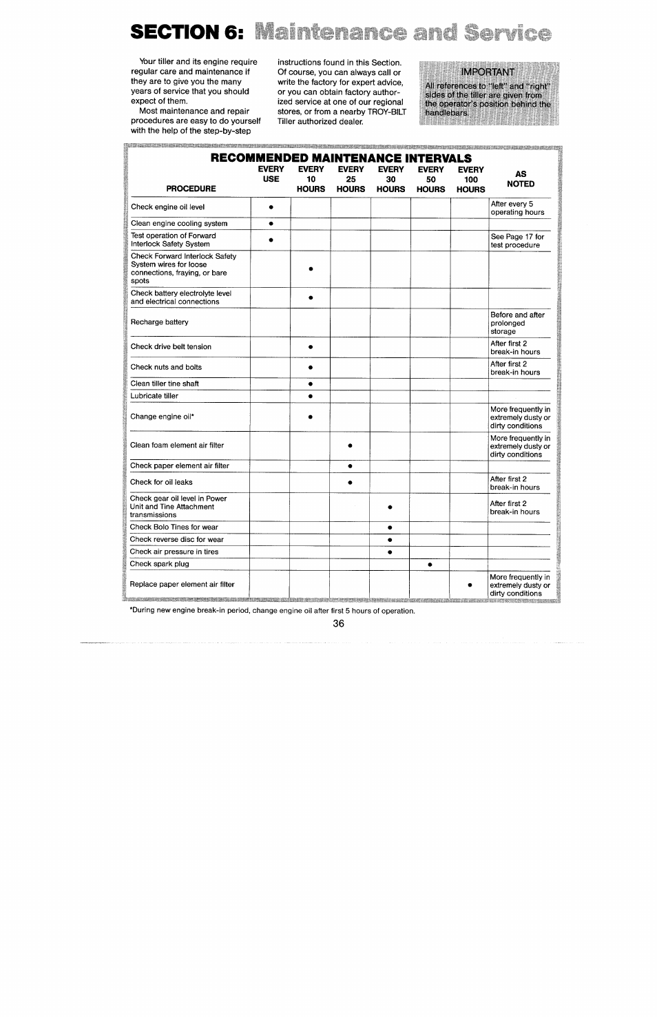 Section 6, Important, Recommended maintenance intervals | Every every every every every every, Procedure hours hours hours hours hours | Troy-Bilt 8 HP User Manual | Page 38 / 84