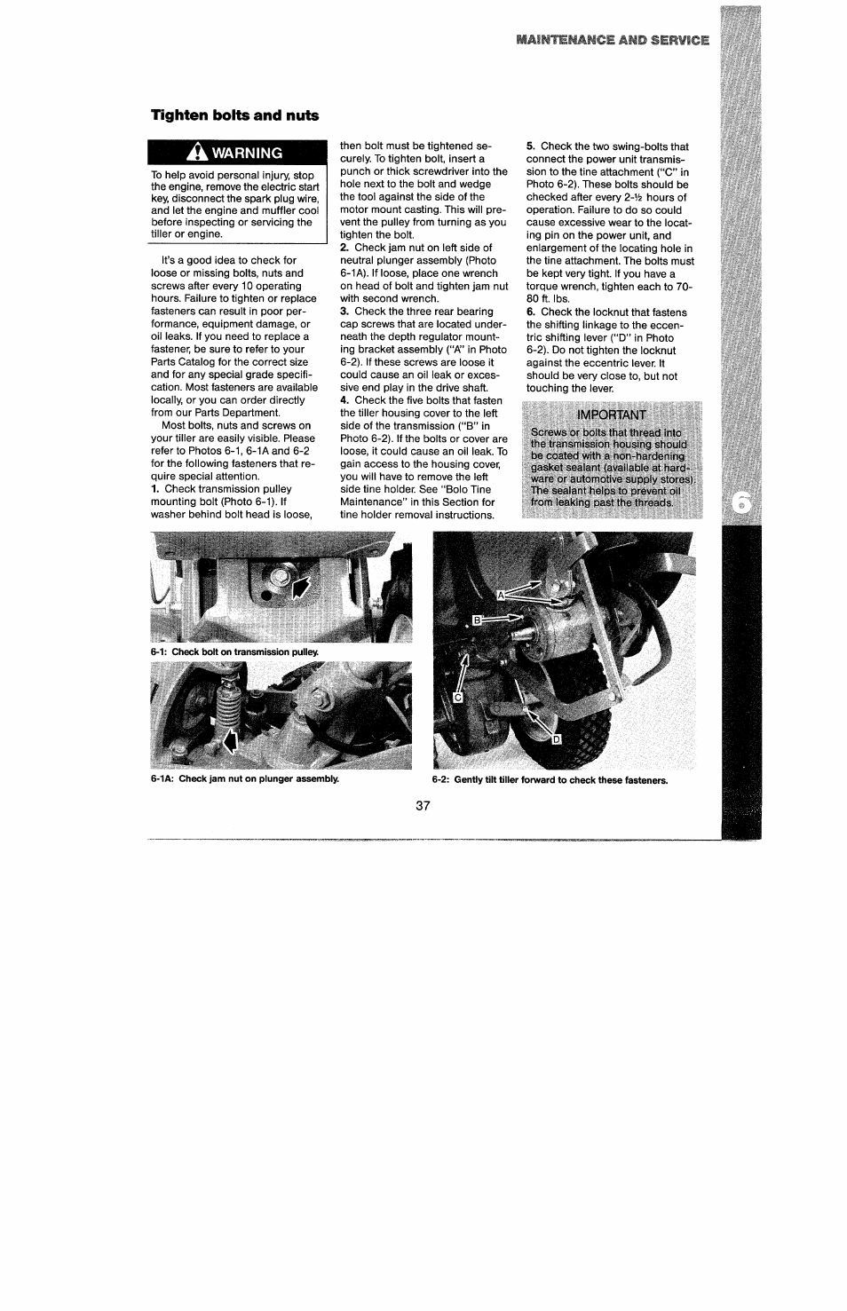Tighten bolts and nuts, A warning, Important | Troy-Bilt 8 HP User Manual | Page 39 / 84