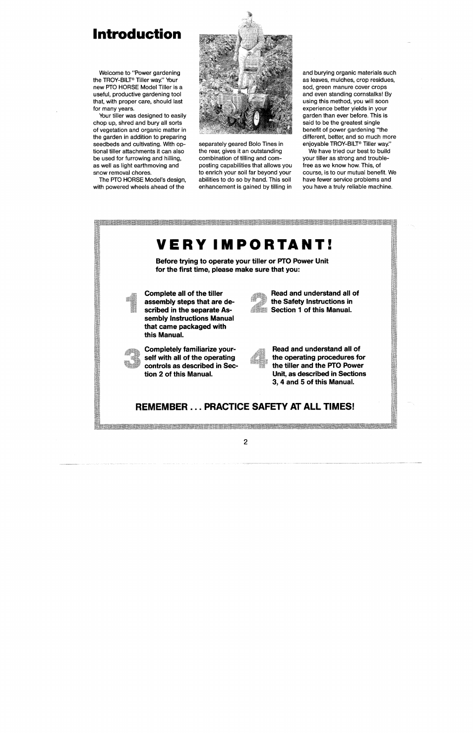 Introduction, Very important, Remember ... practice safety at all times | Troy-Bilt 8 HP User Manual | Page 4 / 84