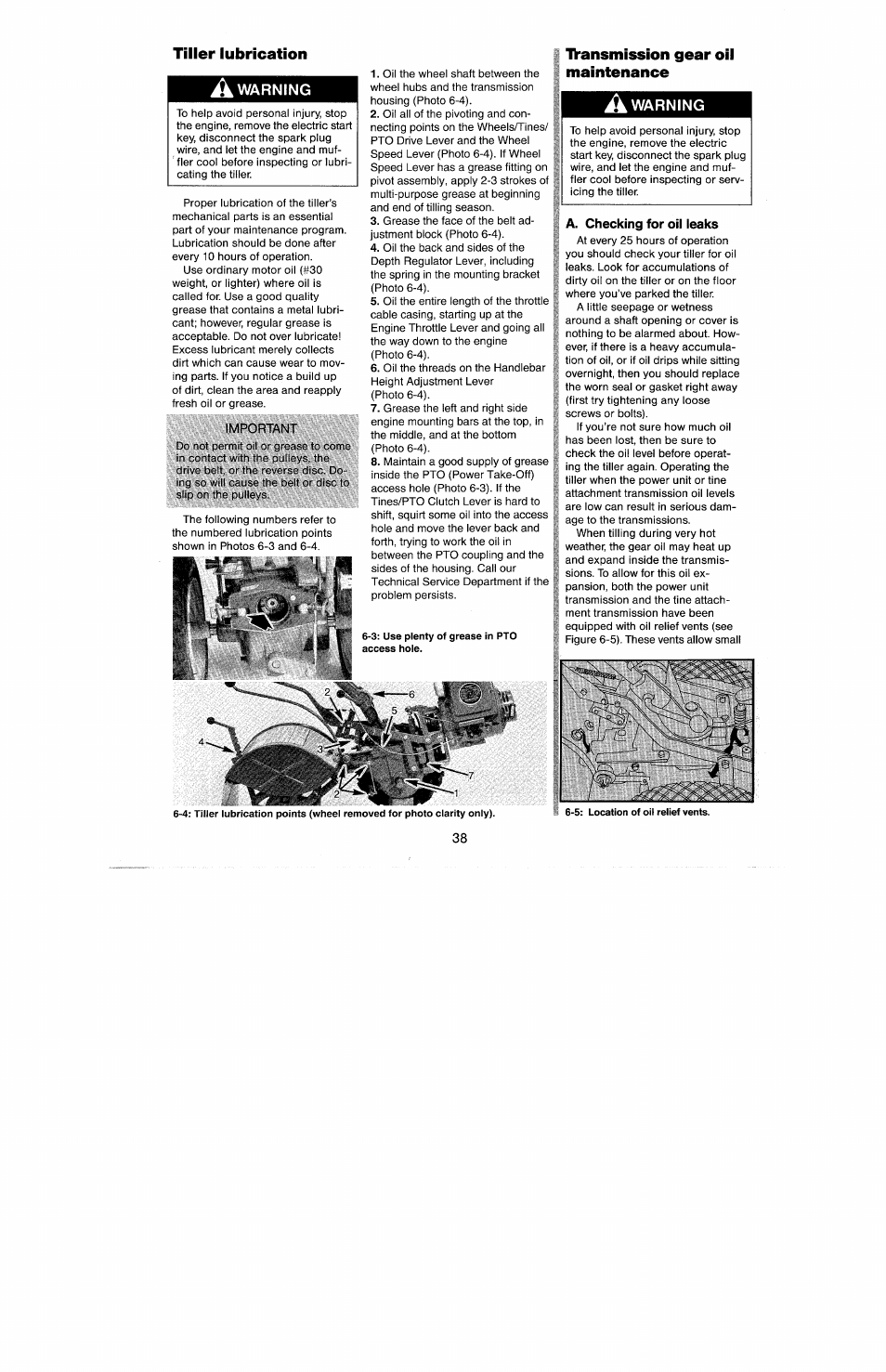 Tiller lubrication, A warning, Important | Iv’ansmission gear oil maintenance, A. checking for oil leaks | Troy-Bilt 8 HP User Manual | Page 40 / 84