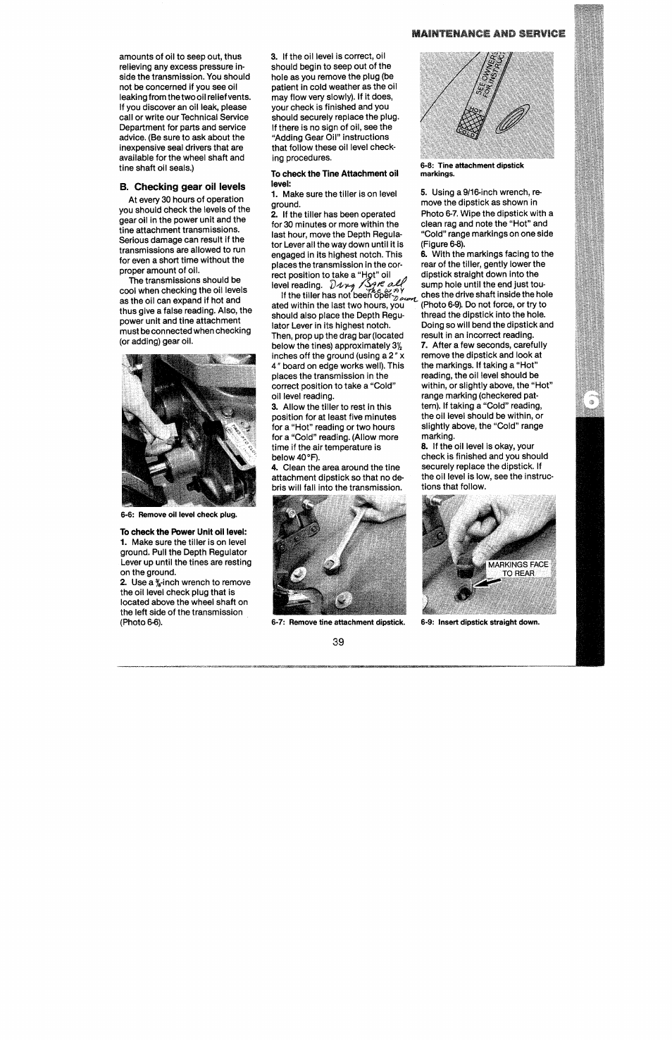 B. checking gear oil levels | Troy-Bilt 8 HP User Manual | Page 41 / 84