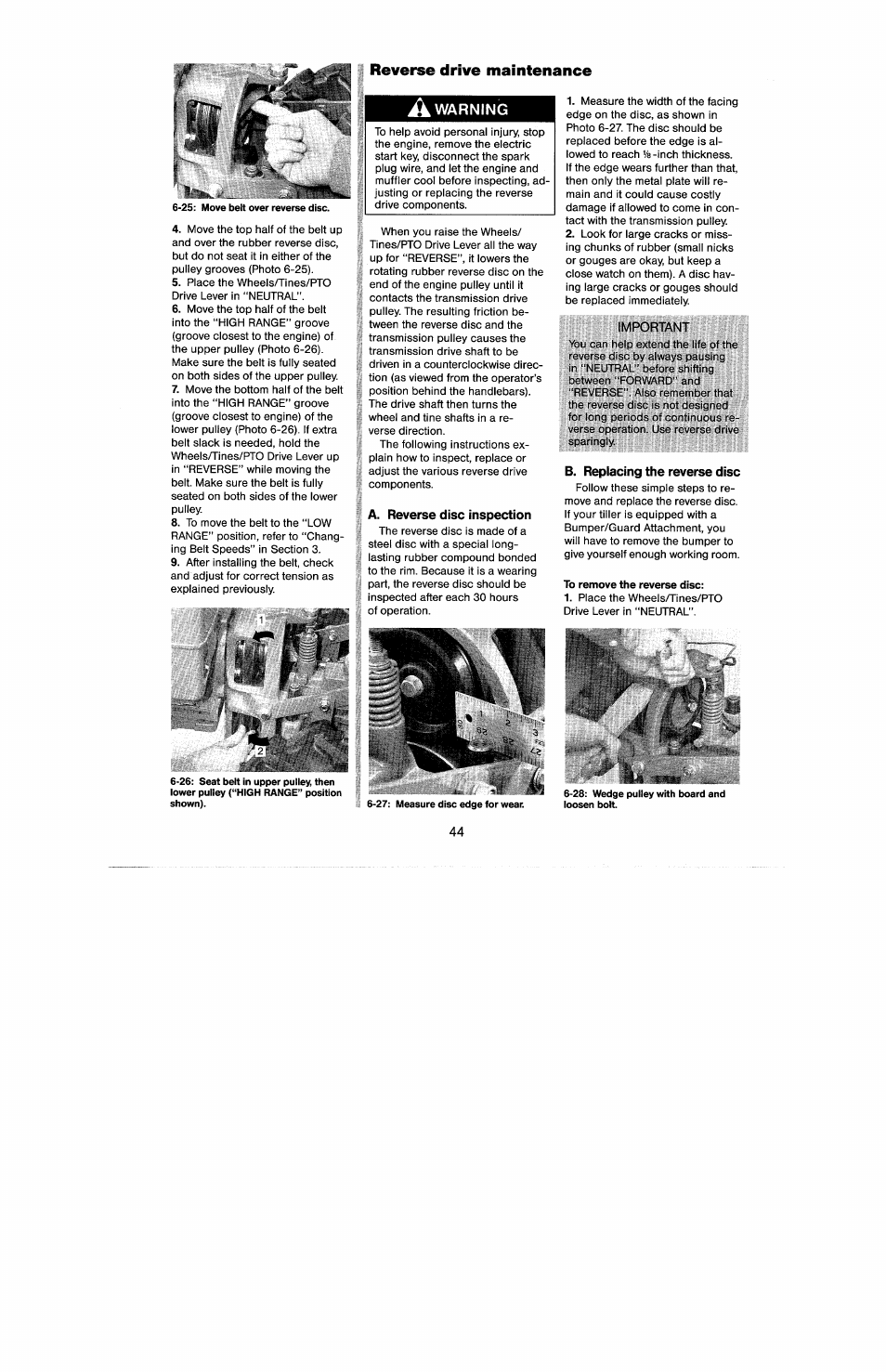 Reverse drive maintenance, A warning, A. reverse disc inspection | Important, B. replacing the reverse disc | Troy-Bilt 8 HP User Manual | Page 46 / 84