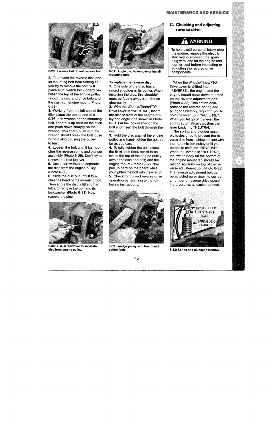 C. checking and adjusting reverse drive, To replace the reverse disc | Troy-Bilt 8 HP User Manual | Page 47 / 84