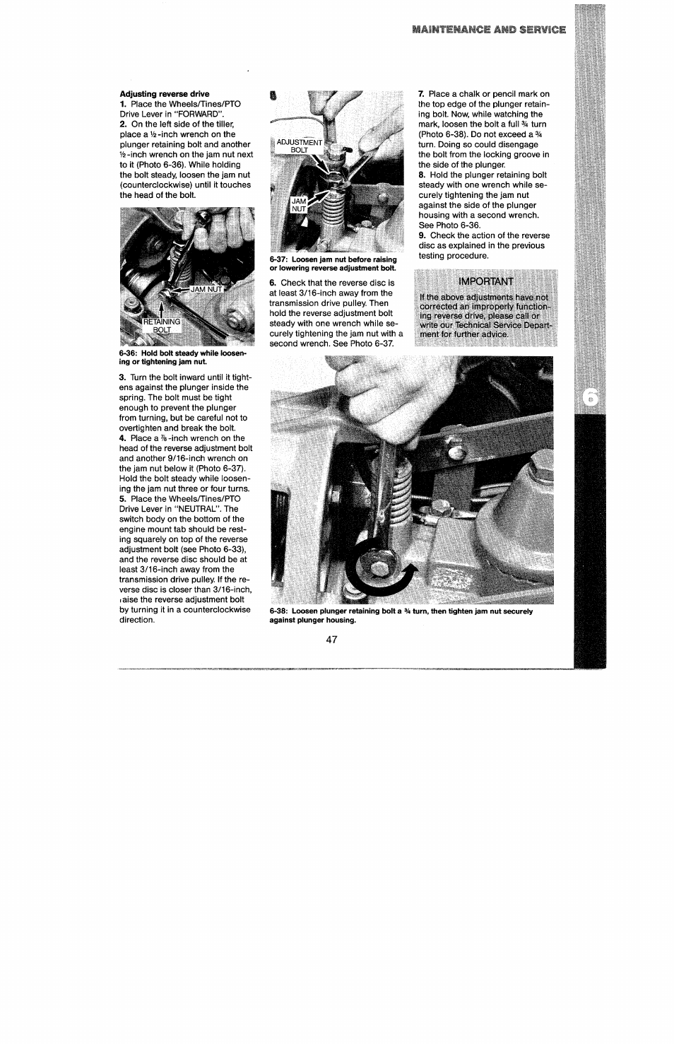 Adjusting reverse drive, Important, Maiktlilamce | Siawice | Troy-Bilt 8 HP User Manual | Page 49 / 84