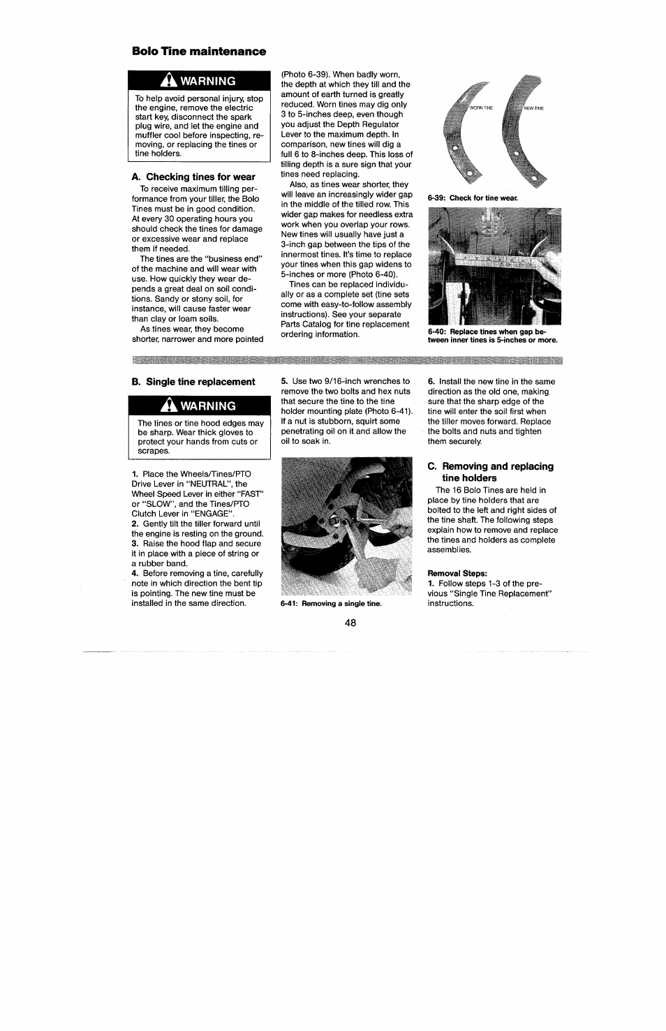 Bolo tine maintenance, A warning, A. checking tines for wear | B. single tine replacement, C. removing and replacing tine holders, Removal steps | Troy-Bilt 8 HP User Manual | Page 50 / 84