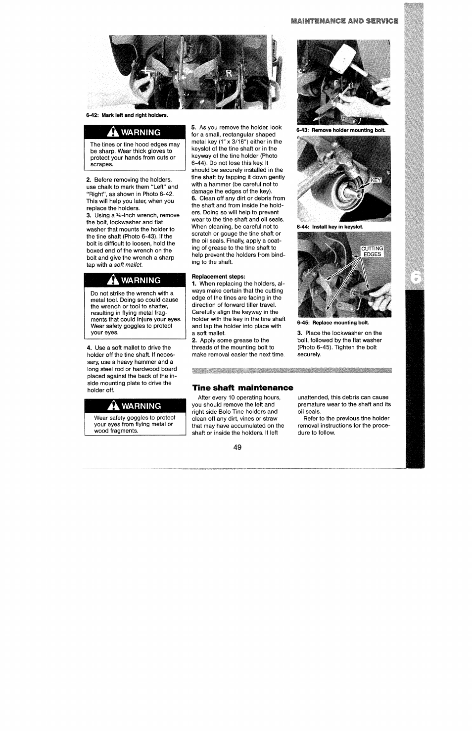 A warning, Replacement steps, Aikvspiaice and serlice | Troy-Bilt 8 HP User Manual | Page 51 / 84