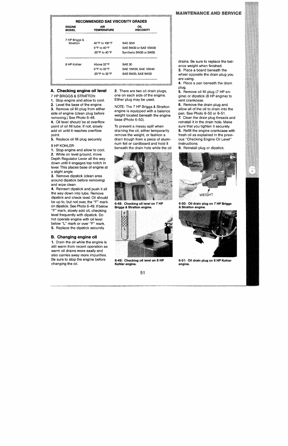 A. checking engine oil level, B. changing engine oil, Ш ш ш | Recommended sae viscosity grades, Serwice, Шмшттшсе | Troy-Bilt 8 HP User Manual | Page 53 / 84