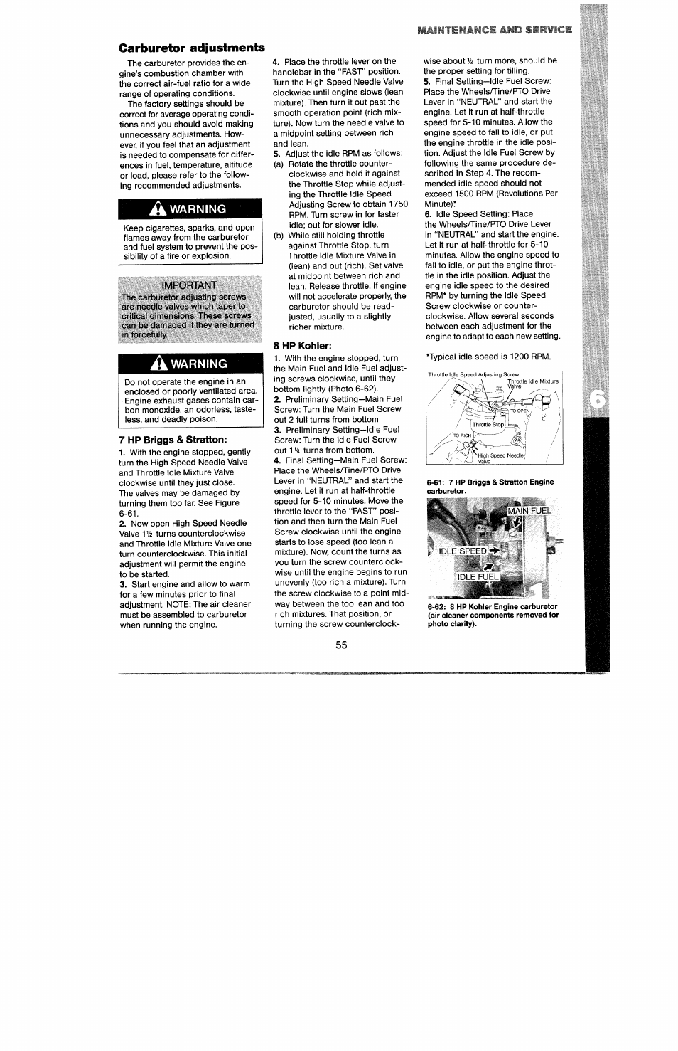 Carburetor adjustments, A, warning, Important | A warning, 7 hp briggs & stratton, 8 hp kohler, Warning, Maimtikaice and service | Troy-Bilt 8 HP User Manual | Page 57 / 84