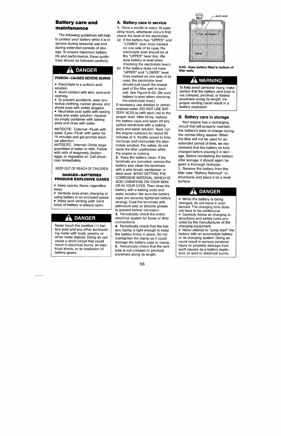 Battery care and maintenance, A danger, Poison-causes severe burns | A. battery care in service, A warning, B. battery care in storage, Danger, Warning, Danger-batteries produce explosive gases | Troy-Bilt 8 HP User Manual | Page 58 / 84