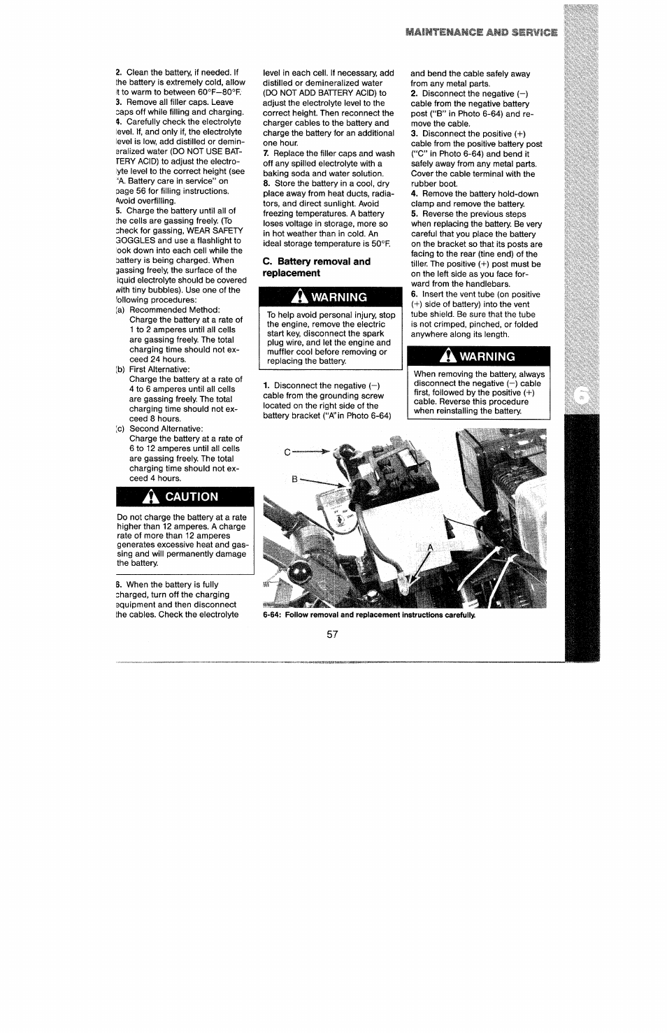A caution, C. battery removal and replacement, A warning | Warning, Ailtelalce and service | Troy-Bilt 8 HP User Manual | Page 59 / 84