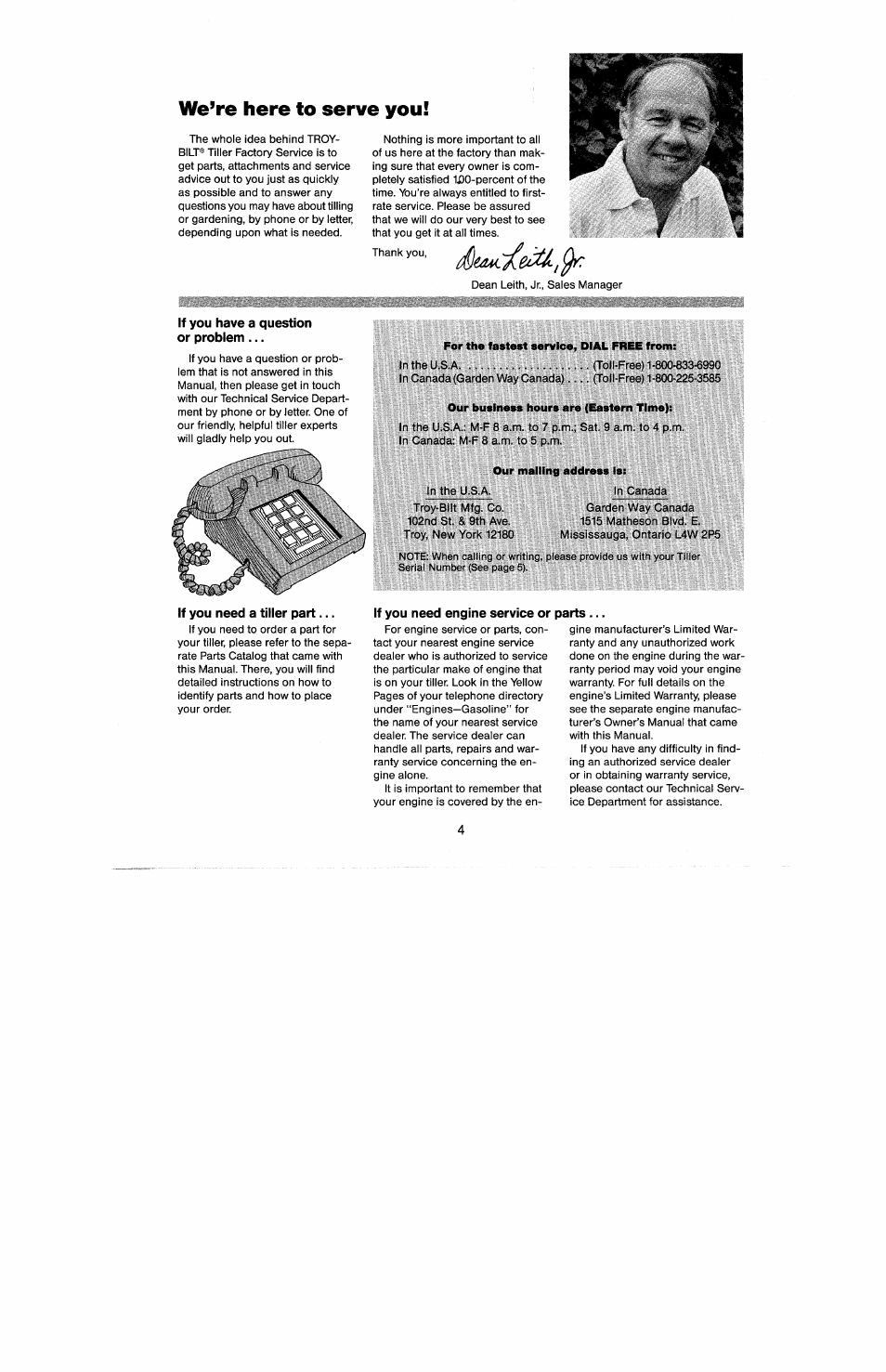 If you need a tiller part, If you need engine service or, Parts | We’re here to serve you | Troy-Bilt 8 HP User Manual | Page 6 / 84