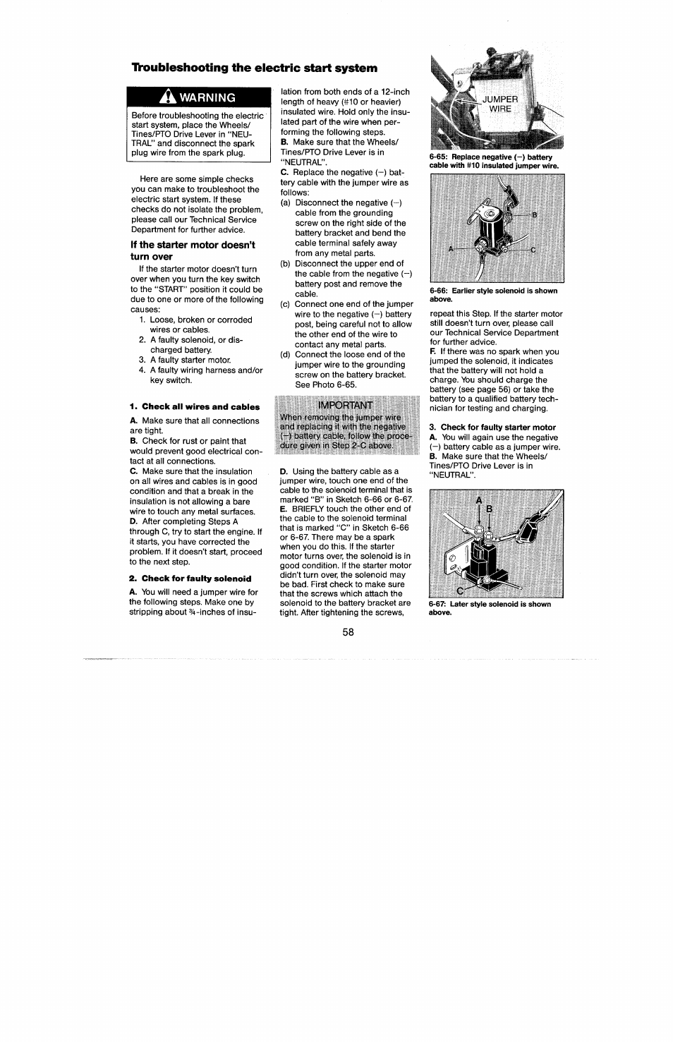 Lvt>ubleshooting the electric start system, A warning, If the starter motor doesn’t turn over | Check all wires and cables, Check for faulty solenoid, Important, Check for faulty starter motor, Check for faulty starter motor a, Warning | Troy-Bilt 8 HP User Manual | Page 60 / 84