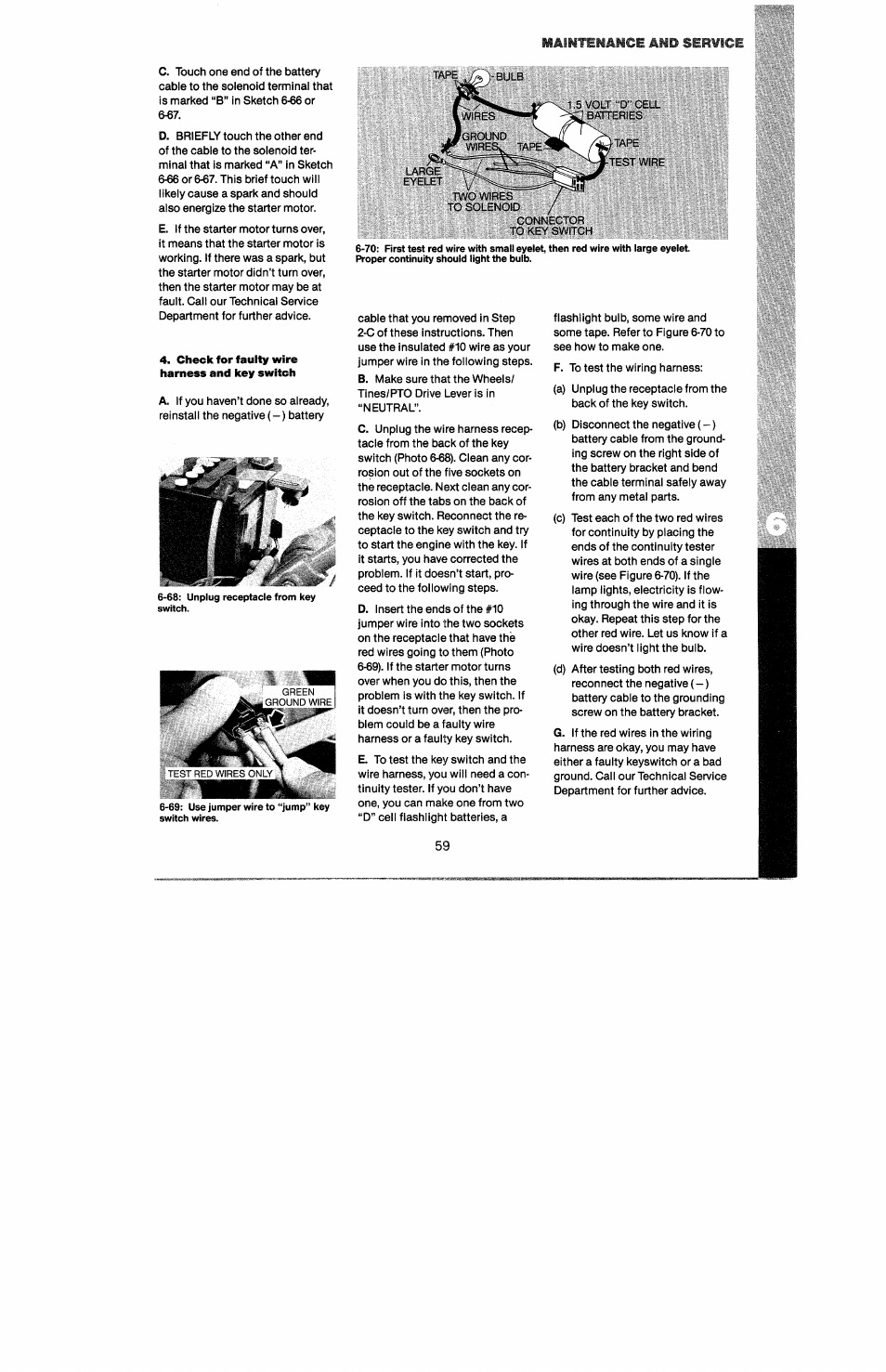 Maintenance and service, Check for faulty wire harness and key switch | Troy-Bilt 8 HP User Manual | Page 61 / 84