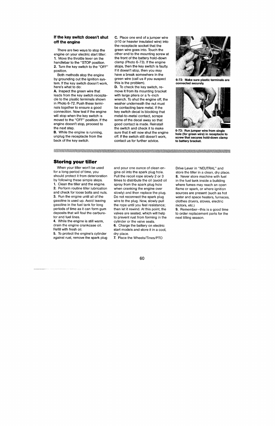 If the key switch doesn’t shut off the engine, Storing your tiller | Troy-Bilt 8 HP User Manual | Page 62 / 84