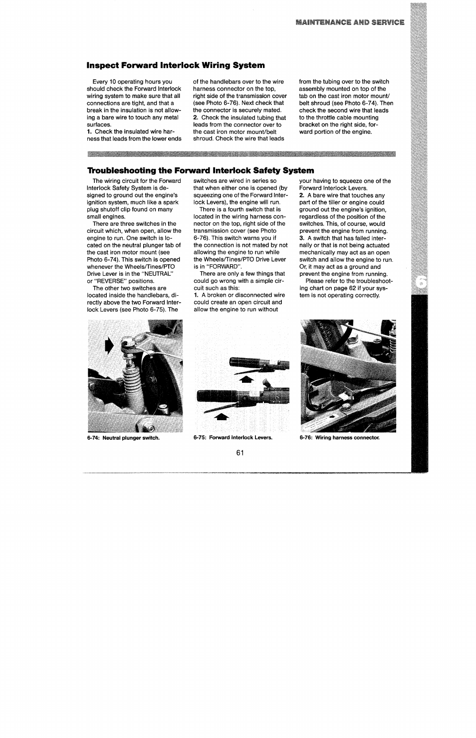 Inspect forward interlock wiring system, Aistekamce, Serwicl | Troy-Bilt 8 HP User Manual | Page 63 / 84