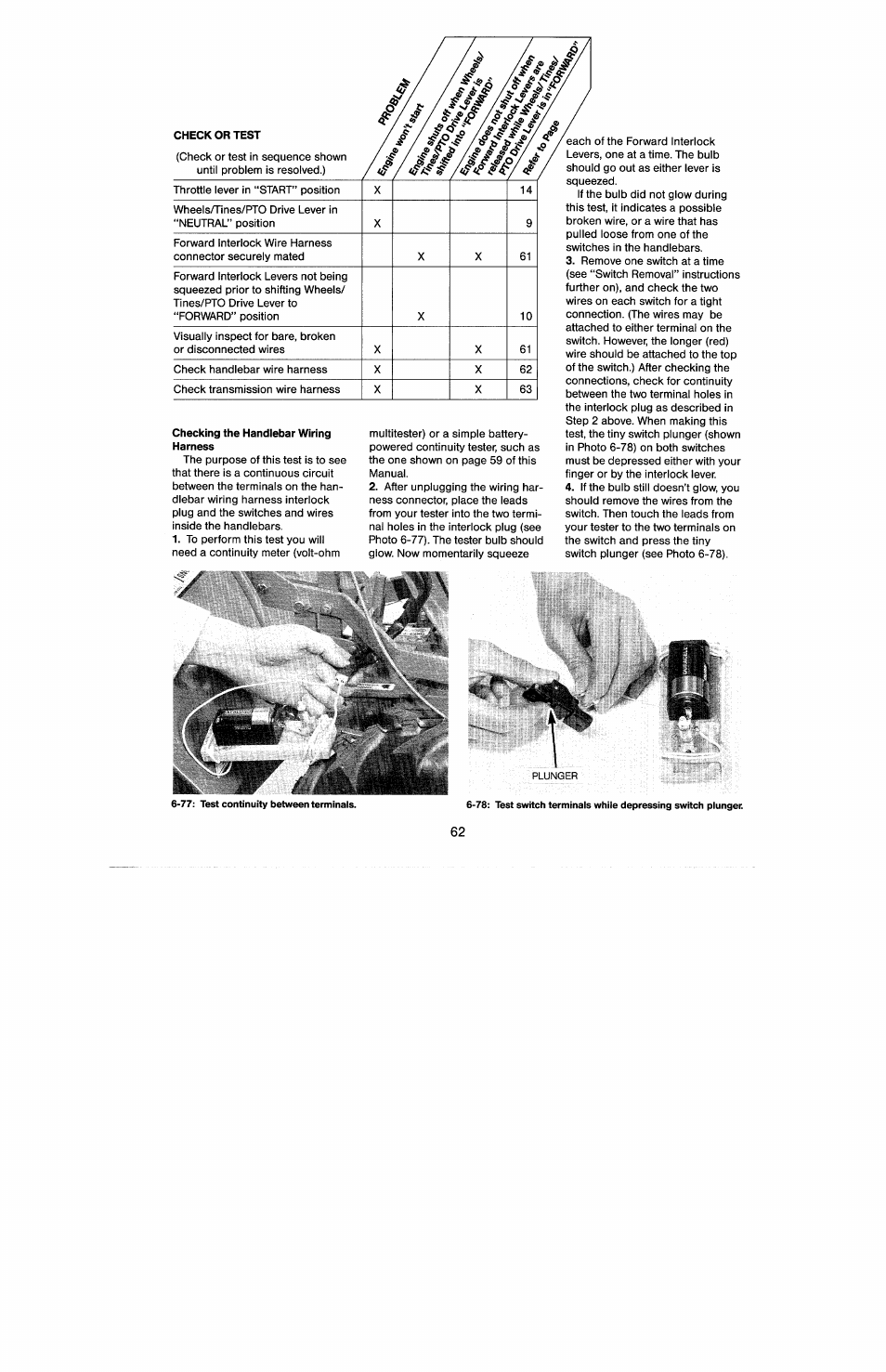 Check or test, If ^ /^<y, Checking the handlebar wiring harness | Troy-Bilt 8 HP User Manual | Page 64 / 84
