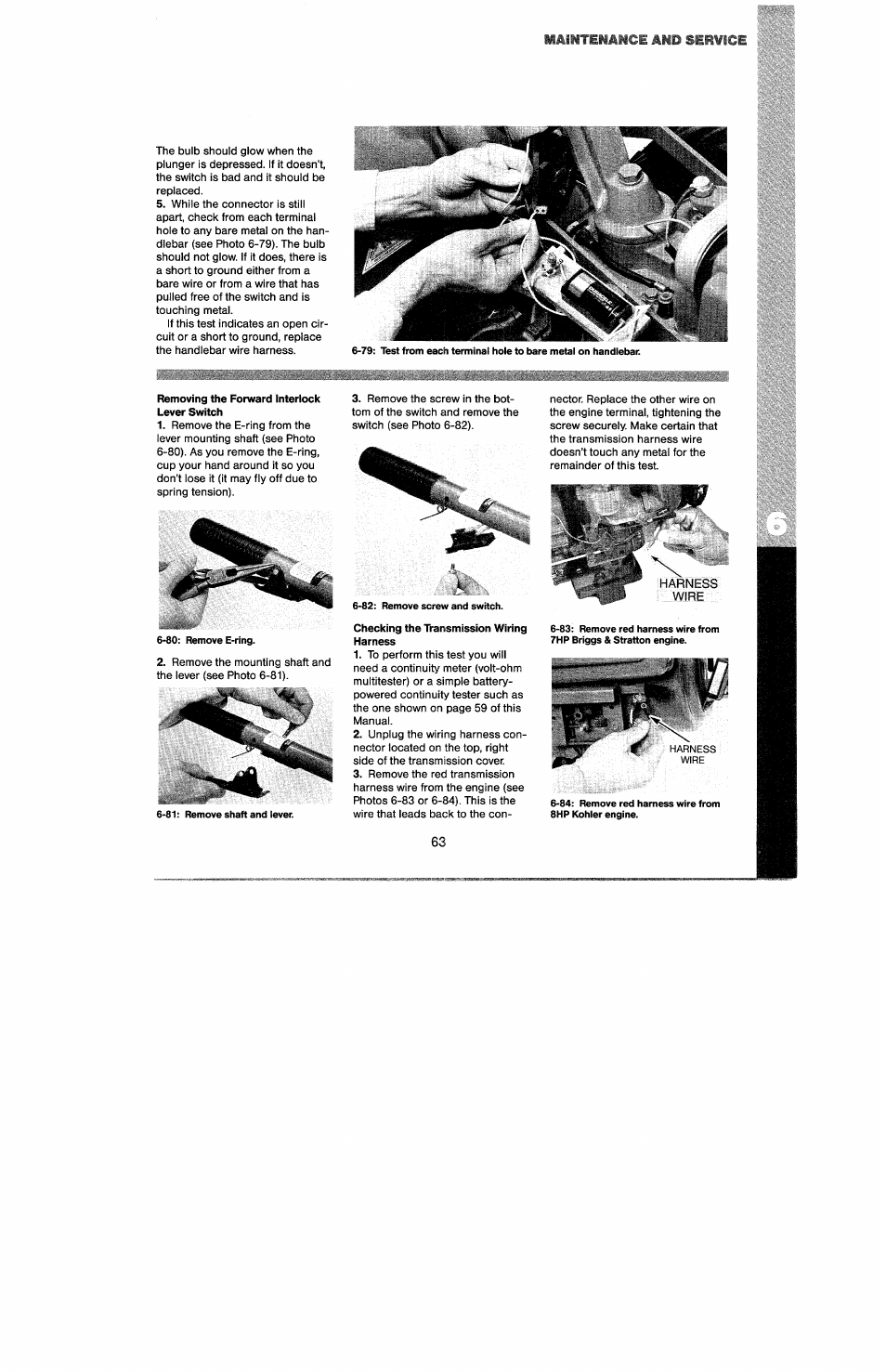 Removing the forward interlock lever switch, Checking the transmission wiring harness, Maintenance and service | Harness wire | Troy-Bilt 8 HP User Manual | Page 65 / 84