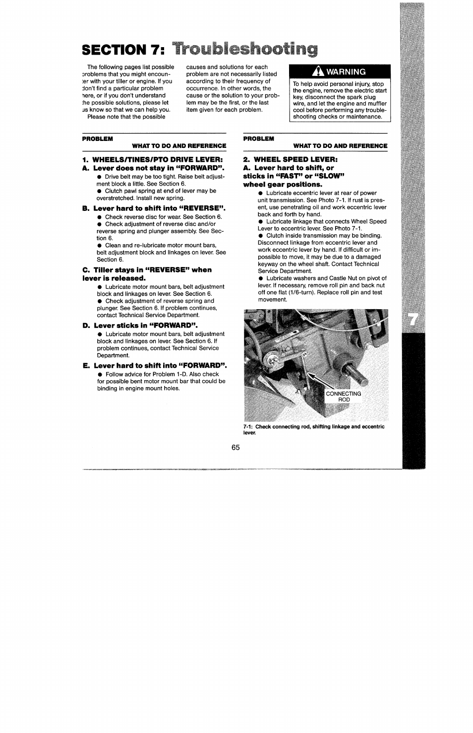 A warning, Wheels/tines/pto drive lever, A. lever does not stay in “forward | B. lever hard to shift into “reverse, D. lever sticks in “forward, E. lever hard to shift into “forward, Wheel speed lever, Warning, B. lever hard to shift into “reverse”. e, D. lever sticks in “forward”. e | Troy-Bilt 8 HP User Manual | Page 67 / 84