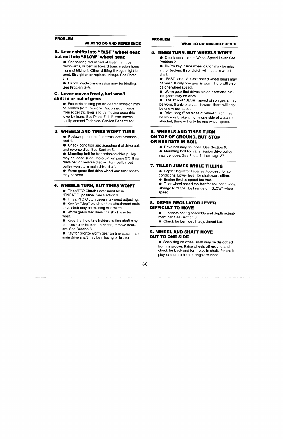 Wheels and tines won’t turn, Wheels turn, but tines won’t, Tines turn, but wheels won’t | Tiller jumps while tilling, Depth regulator lever difficult to move, Wheel and shaft move out to one side, What to do and reference, Problem | Troy-Bilt 8 HP User Manual | Page 68 / 84