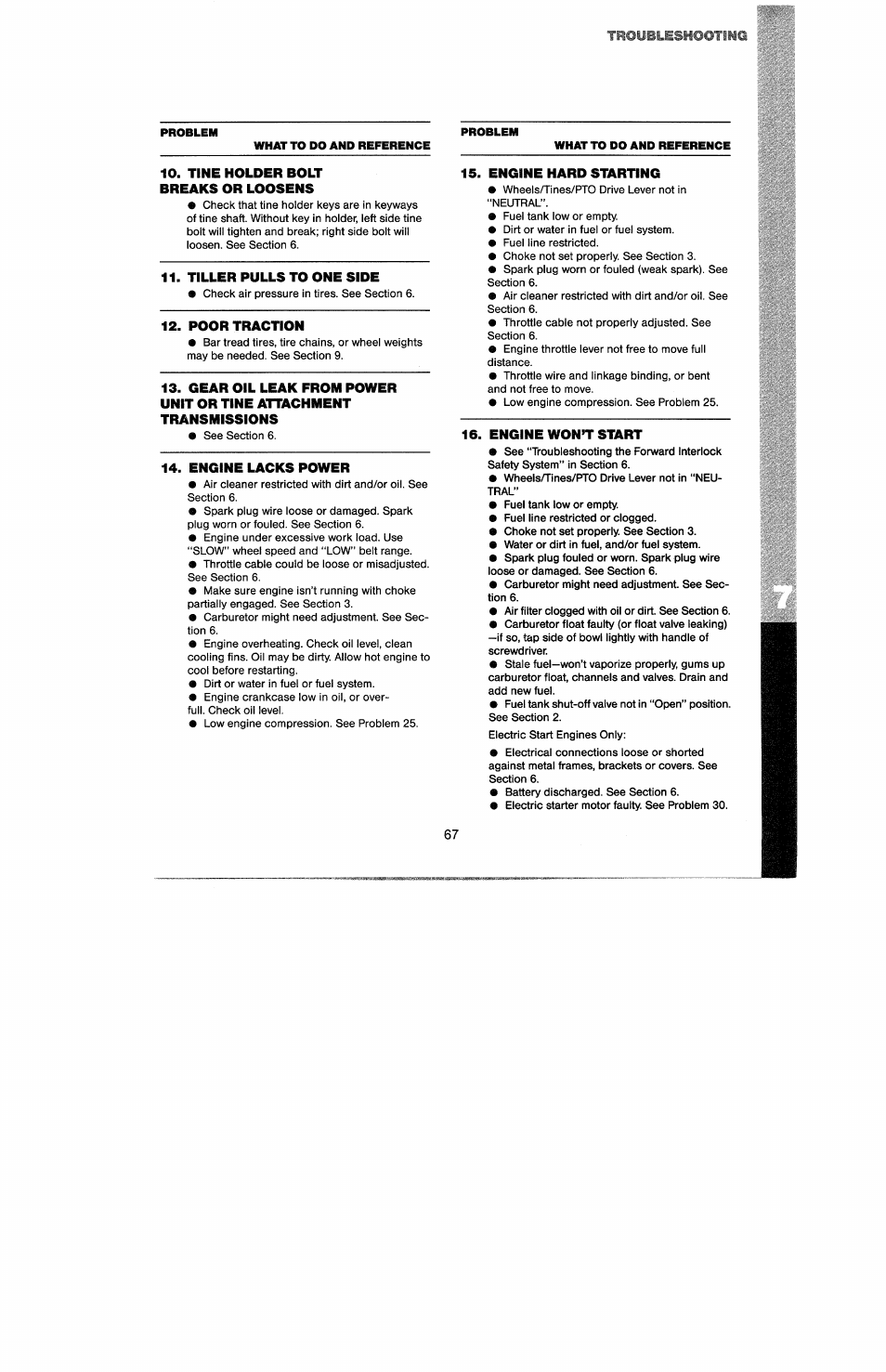 Tine holder bolt breaks or loosens, Tiller pulls to one side, Poor traction | Engine lacks power, Engine hard starting, Engine won’t start | Troy-Bilt 8 HP User Manual | Page 69 / 84