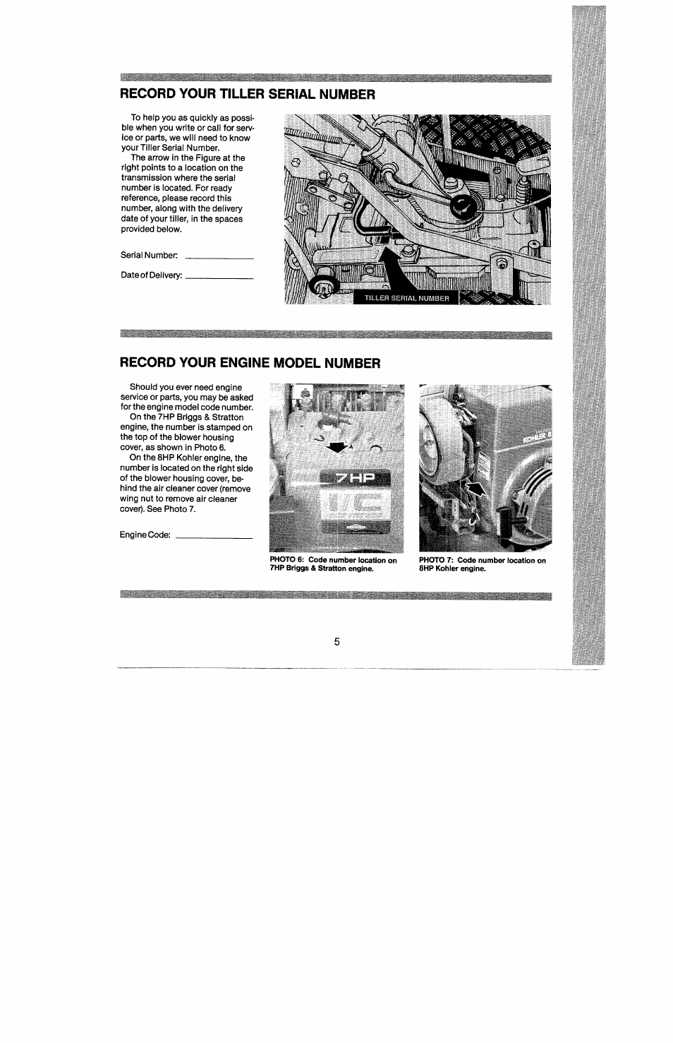 Record your tiller serial number, Record your engine model number | Troy-Bilt 8 HP User Manual | Page 7 / 84