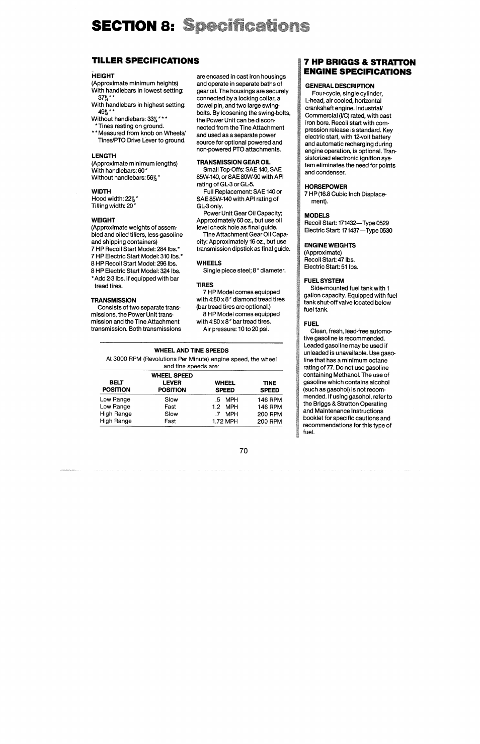 Section 8, Height, Length | Width, Weight, Transmission, Transmission gear oil, Wheels, Tires, Wheel and tine speeds | Troy-Bilt 8 HP User Manual | Page 72 / 84