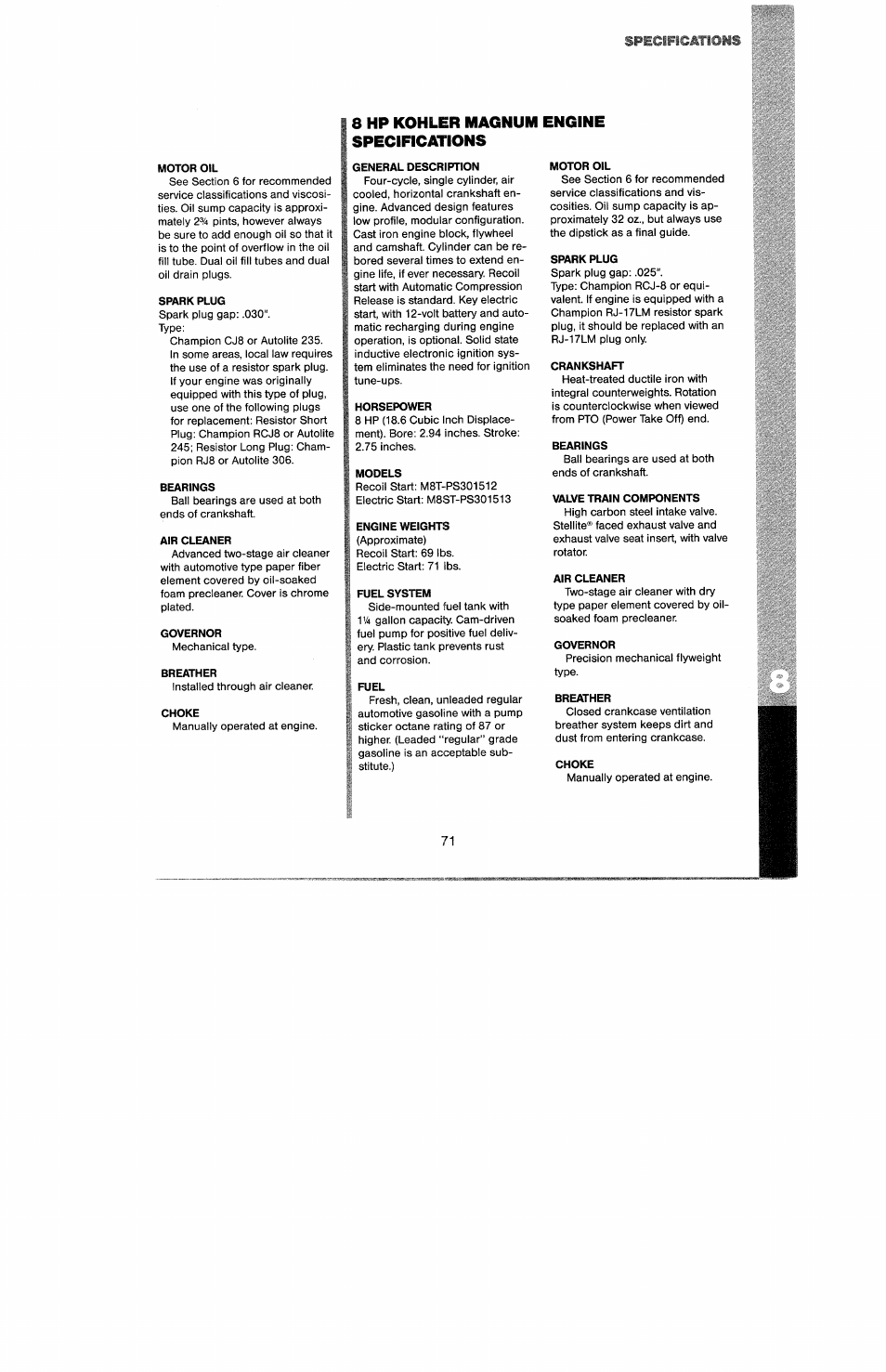 Motor oil, Spark plug, Bearings | Air cleaner, Governor, Breather, Choke, 8 hp kohler magnum engine specifications, General description, Horsepower | Troy-Bilt 8 HP User Manual | Page 73 / 84