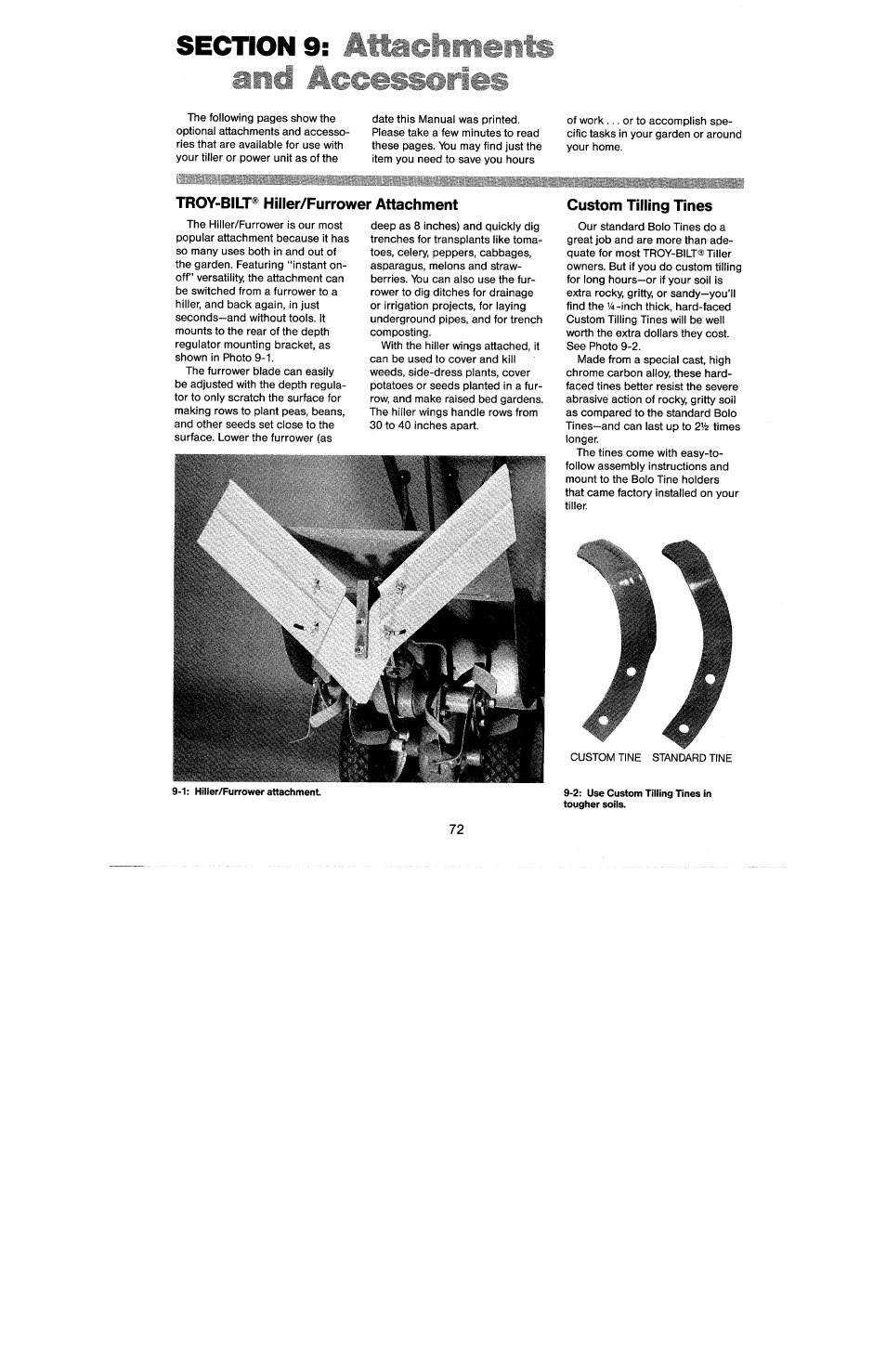 Section 9, Custom tilling tines, Troy-bilt® hiller/furrower attachment | Troy-Bilt 8 HP User Manual | Page 74 / 84